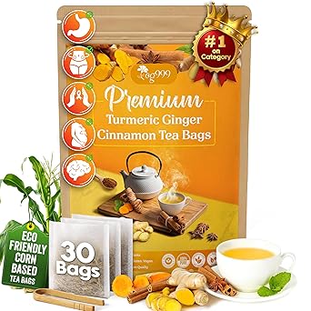TOG999, 30 Bags Premium Turmeric Ginger Cinnamon Tea, Improve Digestion, Support Brain, Weight, Skin and Sleep, Eco-Conscious Tea Bags and Premium Natural Ingredients. Turmeric Ginger Herbal Tea. No Sugar, No Caffeine, No Gluten, Vegan.