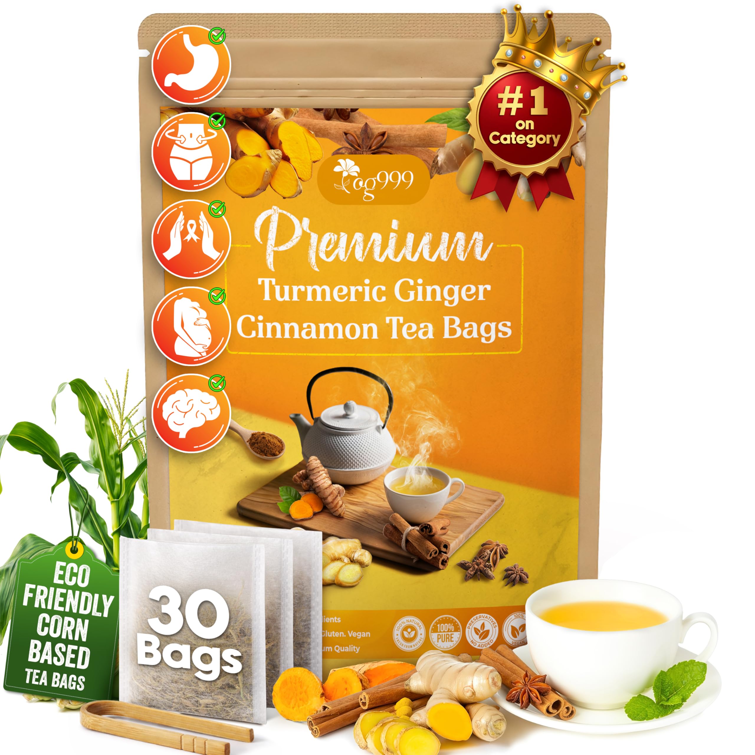 TOG999 30 Bags Premium Turmeric Ginger Cinnamon Tea, Improve Digestion, Support Brain, Weight, Skin and Sleep, Eco-Conscious Tea Bags and Premium Natural Ingredients. Turmeric Ginger Herbal Tea. No Sugar, No Caffeine, No Gluten, Vegan.