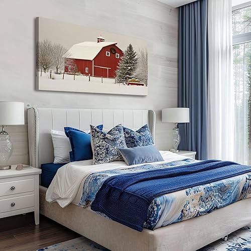 Miniatura 2 de 20"x 40" Canvas Wall Art Vintage Abstract Red Snowy Christmas Farm Barn Snow Winter Trees Framed Pictures Painting Prints Large Wall Art for Living