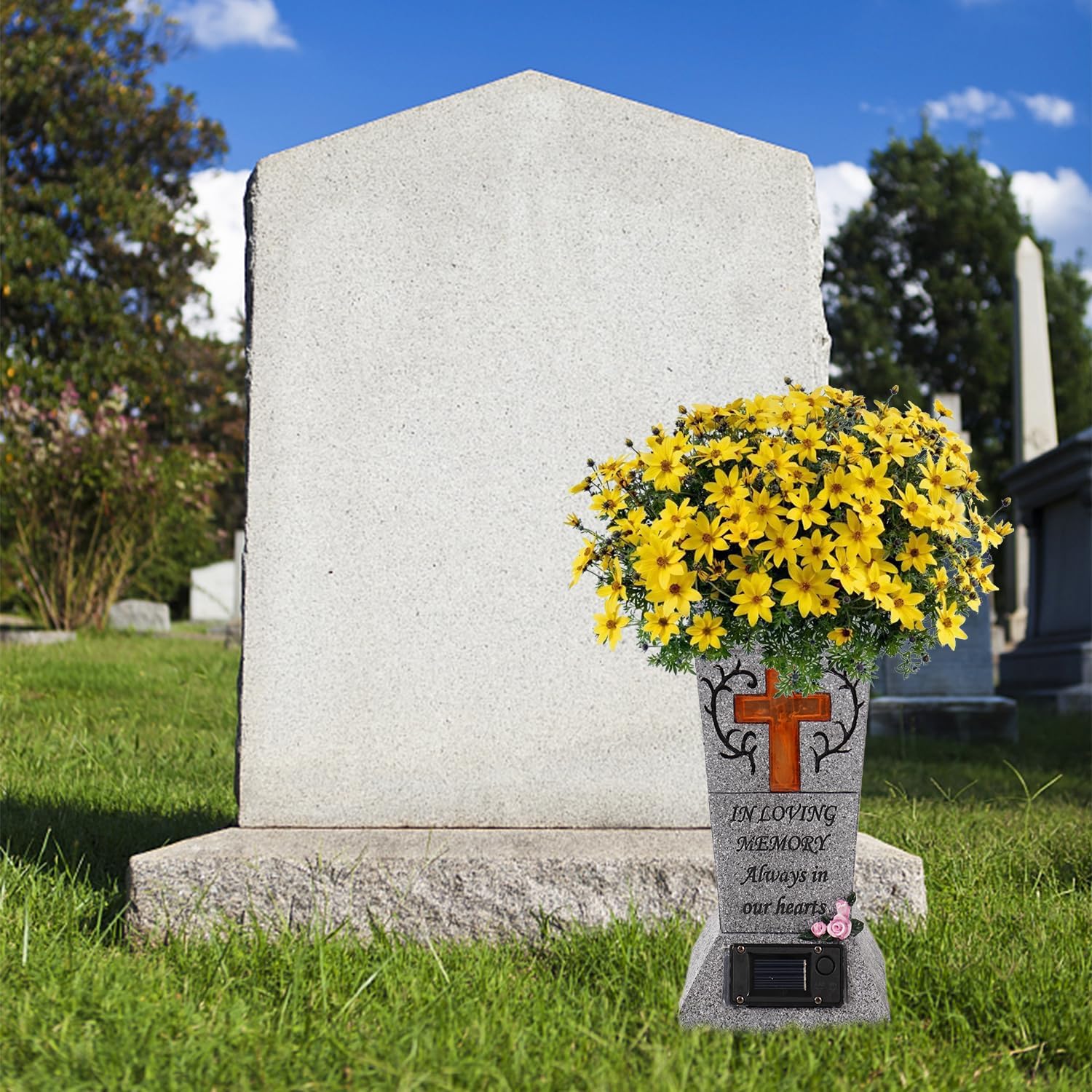 Cemetery Vase with Solar Cross LED, Decorations for Grave, Headstones Vases for Fresh/Artificial Flowers, Memorial Gifts