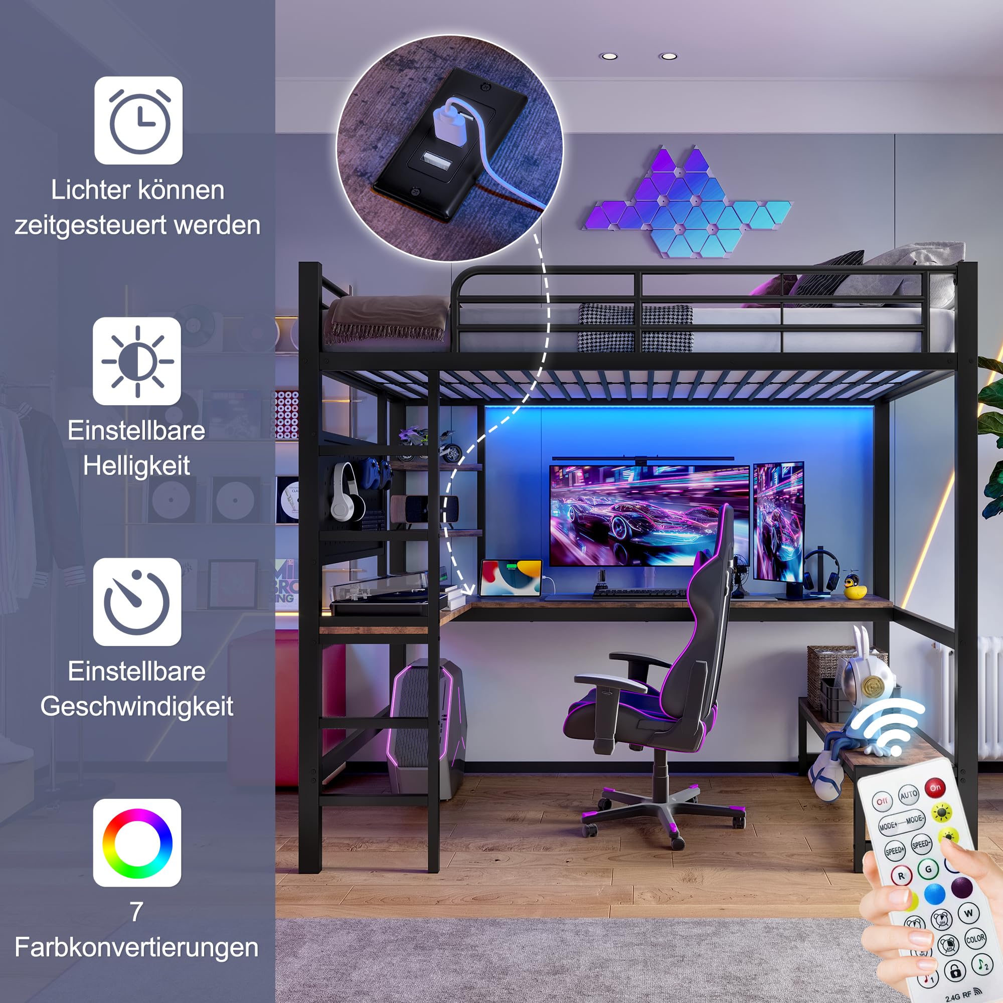 Lubvtti Cama alta 90x200, con escritorio, toma USB+TYPE-C, tira LED, estantes, panel perforado, cama apilable para niños, estructura de cama infantil de hierro (B-Negro)