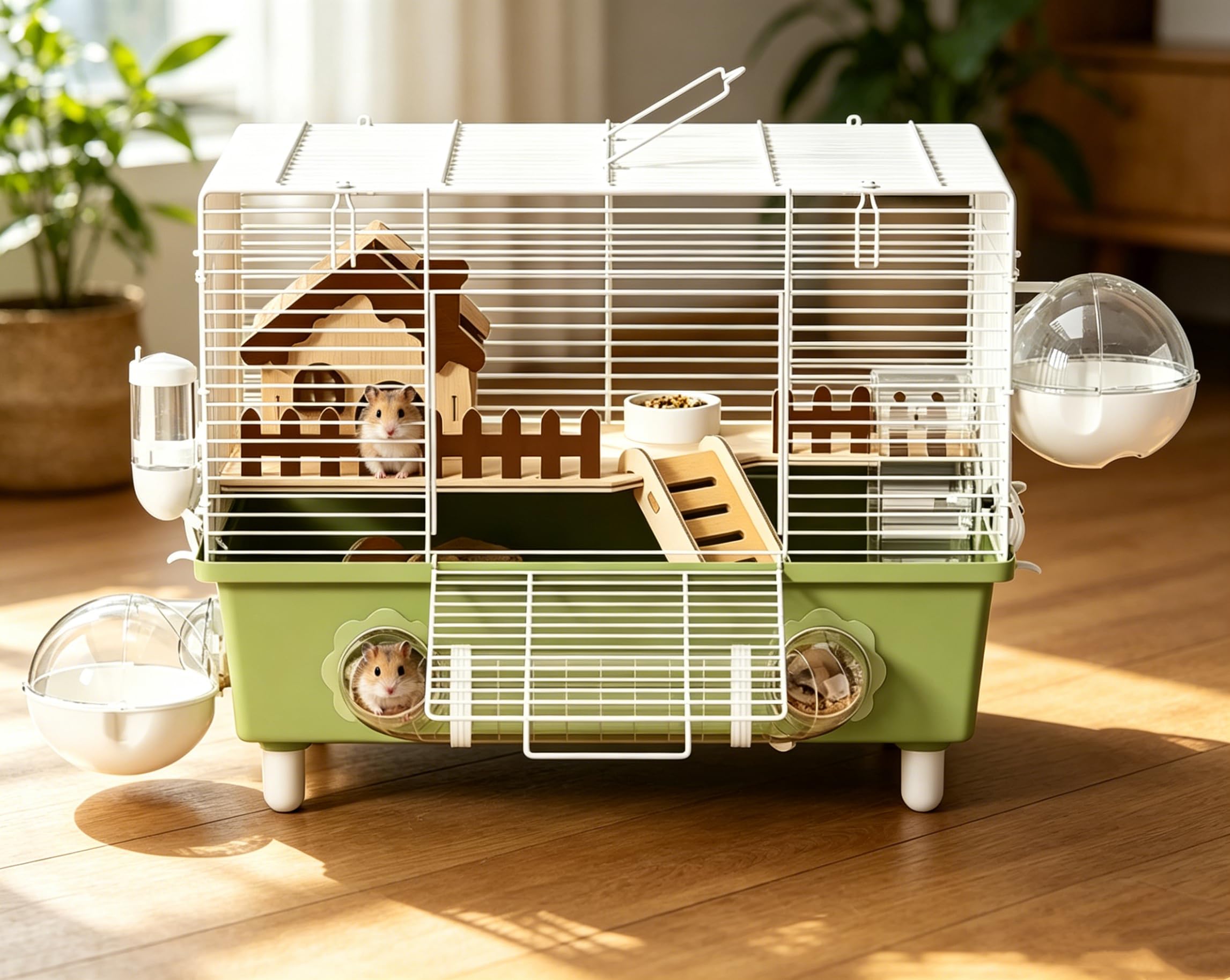 2-Levels Dwarf Hamster Cage, Small Hamster Habitat Chew-Proof Metal Carrier Travel Cage Gerbil Mice Rat Mouse Home, Hamster Cage, Gerbil Cage, Platforms, Hut, Exercise Wheels, 47.5 * 30 * 32.5cm