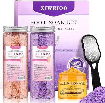 Himalayan Pink Foot Soak Set Pedicure Kit Tea Tree Oil Foot Soak Salts,Foot File,Foot Scrub Epsom Salt Pedicure at Home spa Callus Remover Gel Kit for Dry, Cracked Feet - Womens Spa Kit