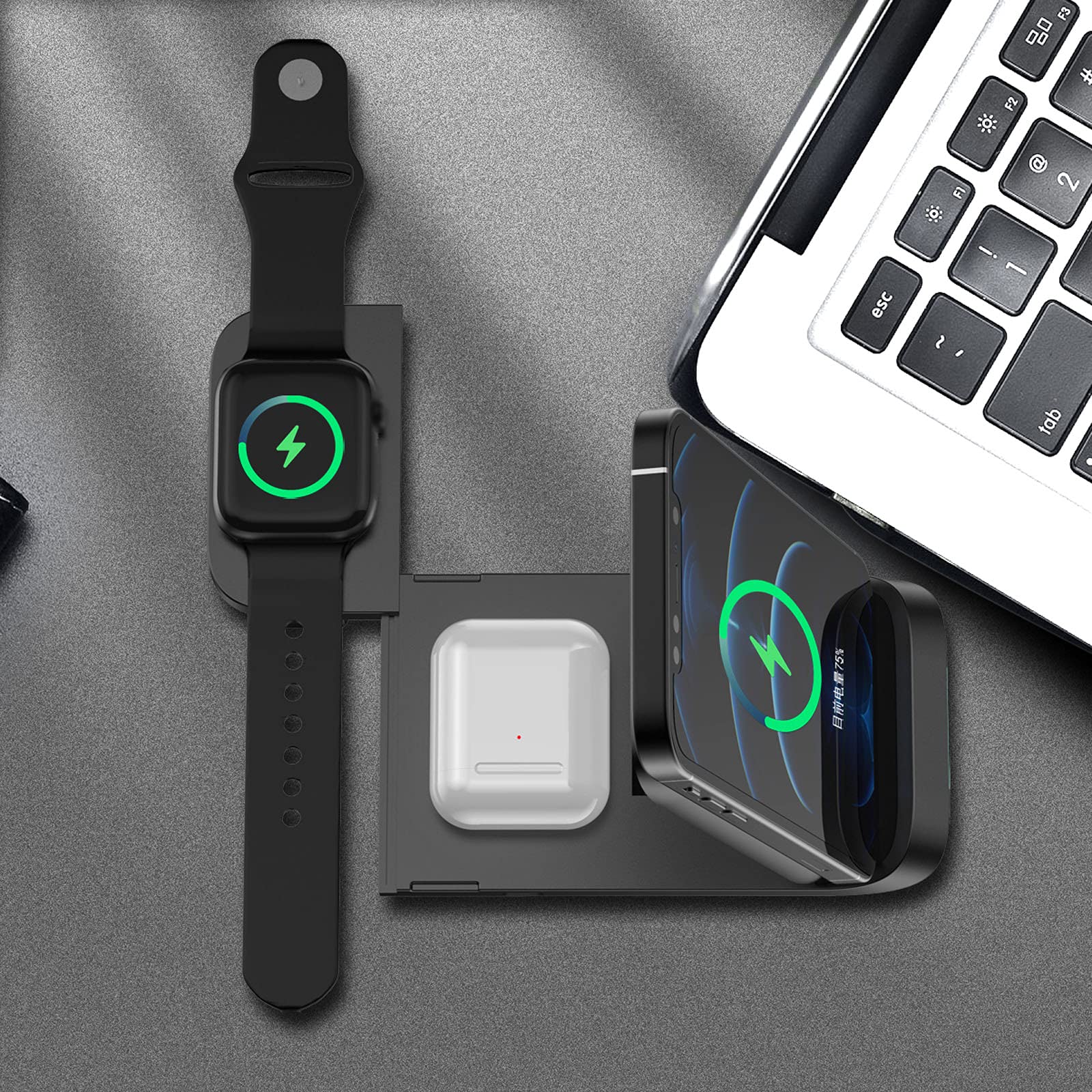 Chargeur sans fil Qi 3 en 1 pliable 15 W rapide pour smartphones Galaxy Qi Watch Pro