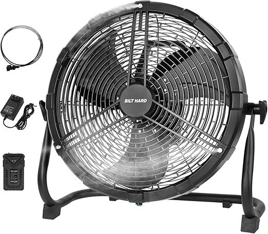 BILT HARD 12 Inch Battery Operated Outdoor Portable Misting Fan, Rechargeable Portable Floor Fan with 15600mAh Detachable Battery for Outside