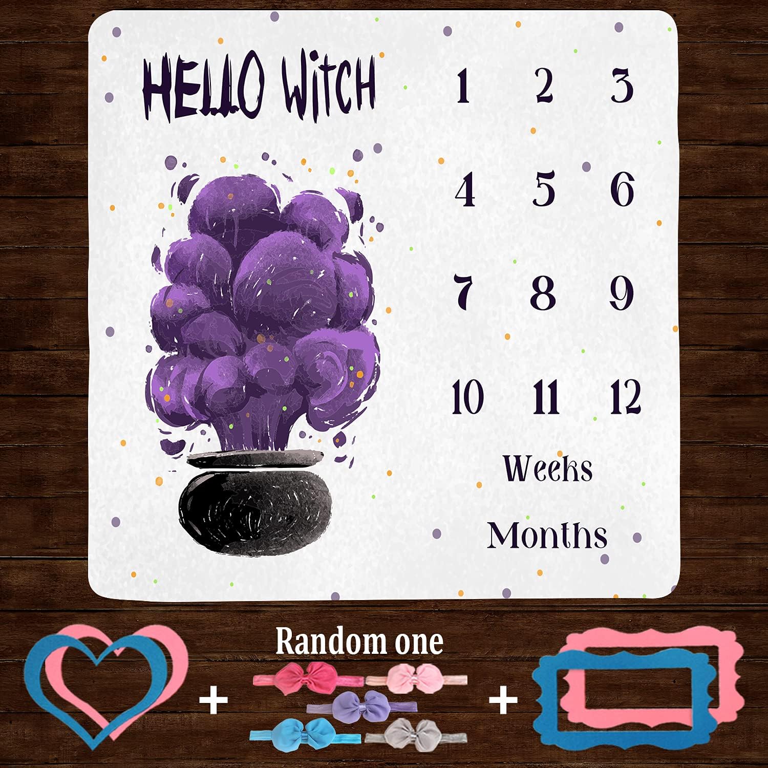 Hello Witch Baby Monthly Milestone Blanket, Purple Witchcraft Colorful Dots Background, Newborns 1 to 12 Months Unisex Include 4 Frames and 1 Headband 47"x47" BTWYPH78