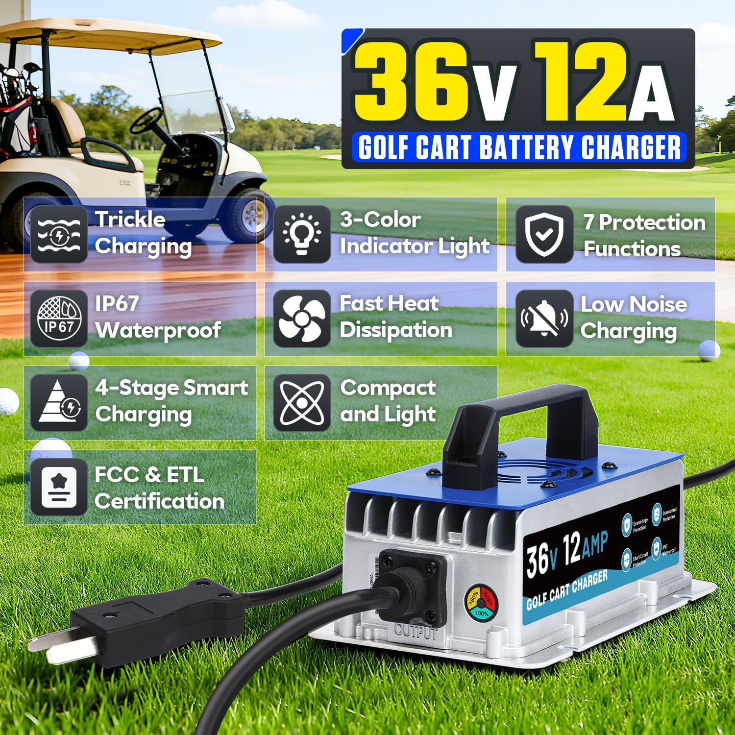 12 AMP 36 Volt Golf Cart Charger for Club Car, EZGO & Yamaha, IP67 Waterproof & Trickle Charge, 36 Volt Golf Cart Battery Charger Full Auto Charge with Crowfoot Plug, 16FT Cable for Lead-Acid Battery