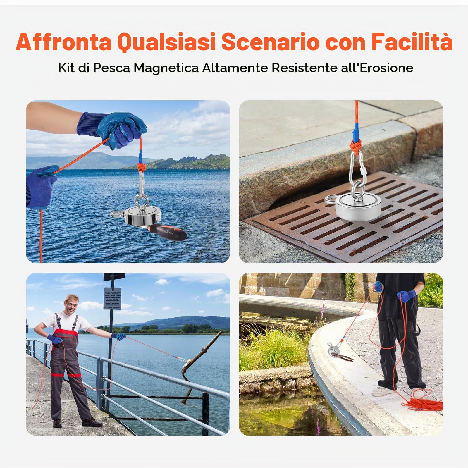 VEVOR Kit da Pesca con Magnete da 771 kg Kit da Pesca con Magnete Forte su Entrambi Lati, Kit da Pesca con Magnete al Neodimio N35 in Terre Rare Include Rampino, Corda Resistente, Guanti e Golfare