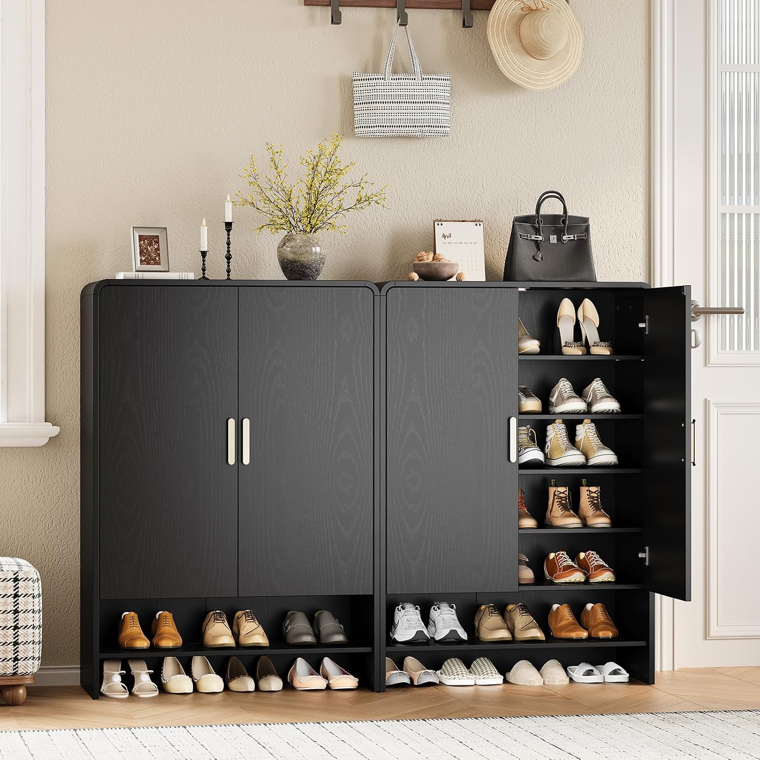 45'' Shoe Storage Cabinet, 6-Tier Tall Shoe Rack Holds Up to 30 Pairs, Wood Entryway Organizer Cabinet with Curved Design, Adjustable Shelves for Front Door, Hallway (Black)