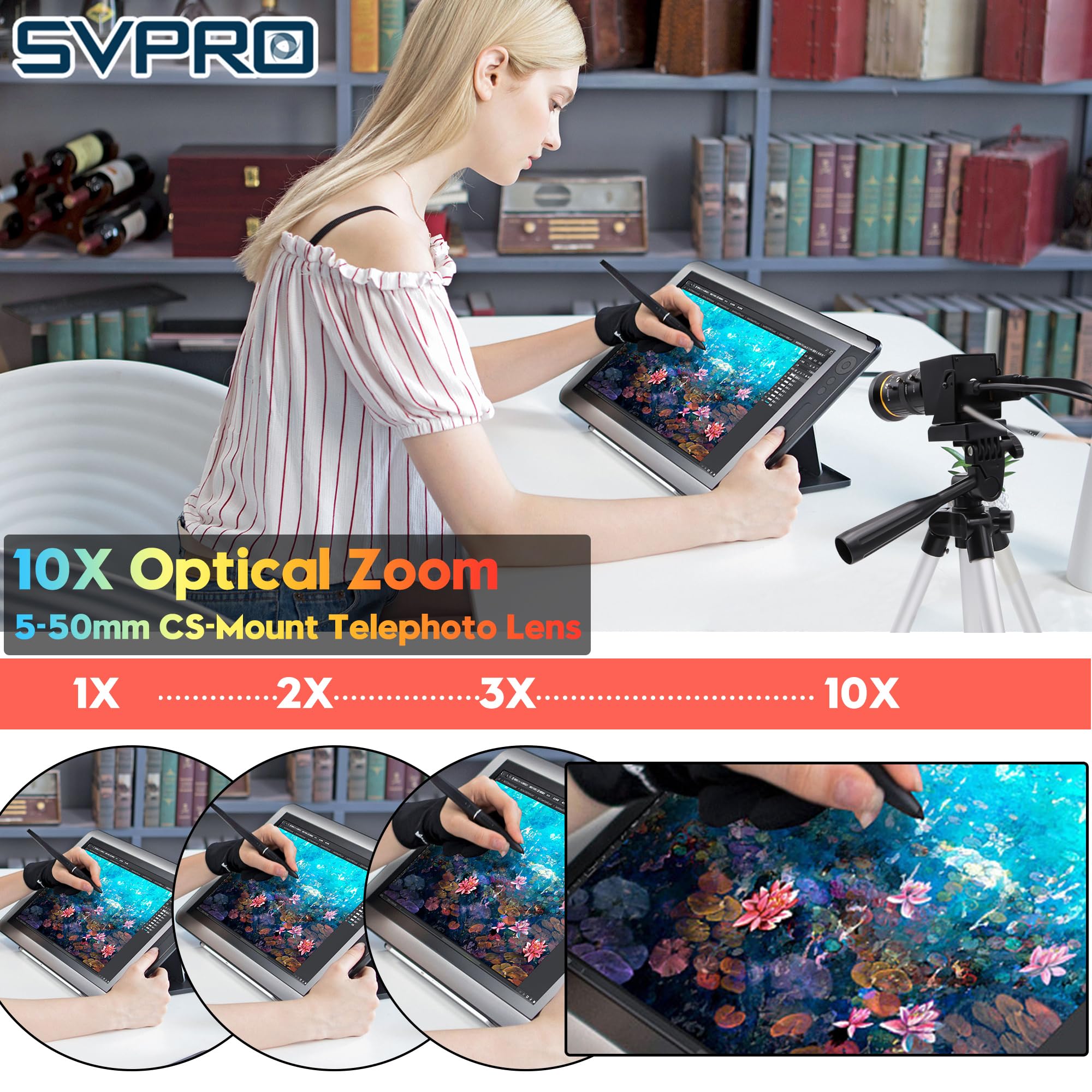 SVPRO Telecamera USB HDMI 4K con teleobiettivo da 5-50 mm, zoom ottico 10x, messa a fuoco manuale, webcam H.264 industriale, microscopio per visione computerizzata, per PC, monitor, TV, proiettore