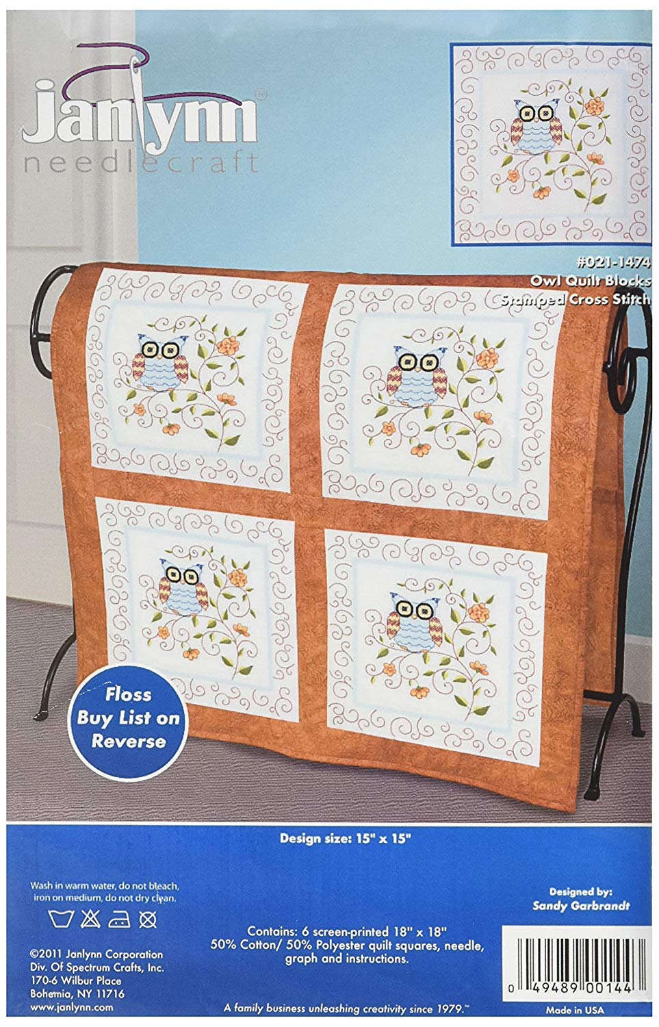Janlynn estampillé Point de Croix Motif Courtepointe Blocs 15 x 15 x 38 cm (Lot de 6) – Chouette
