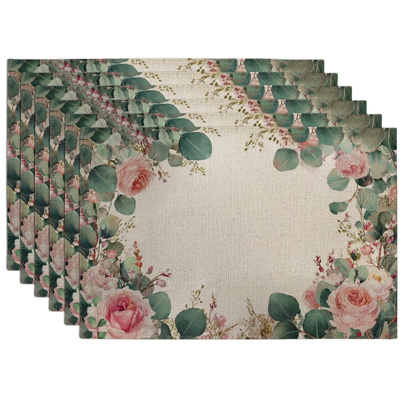 Spring Floral Eucalyptus Placemats, Peach Green Botanical Table Mats for Dining, Non-Slip Washable Indoor Outdoor Party Decorative Placemat Set of 6