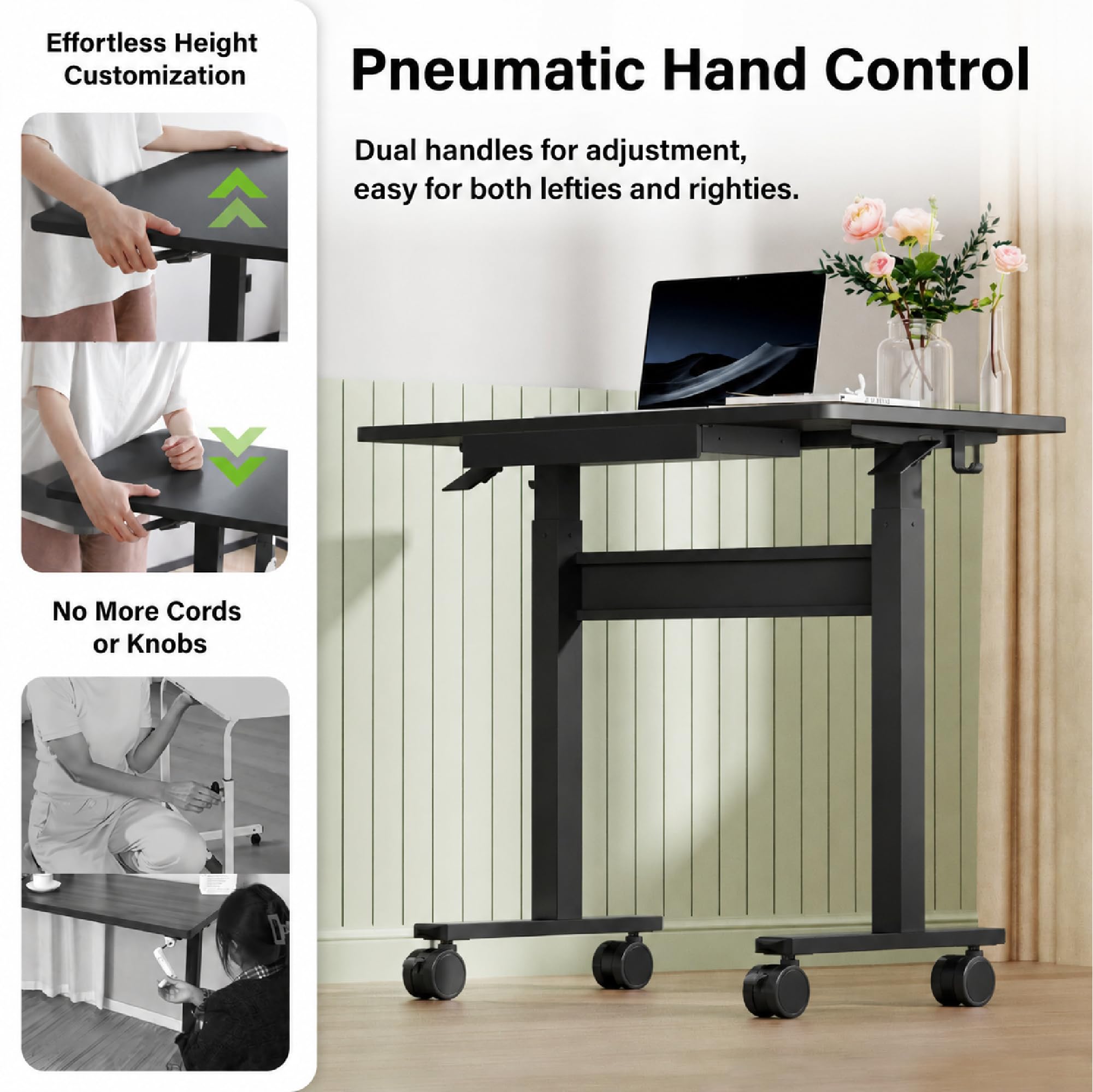 Escritorio Regulable en Altura Neumático con Ruedas, Mesa de Trabajo Ergonómica para Oficina en Casa, Soporte para Computadora Portátil, Móvil y Estable, Negro