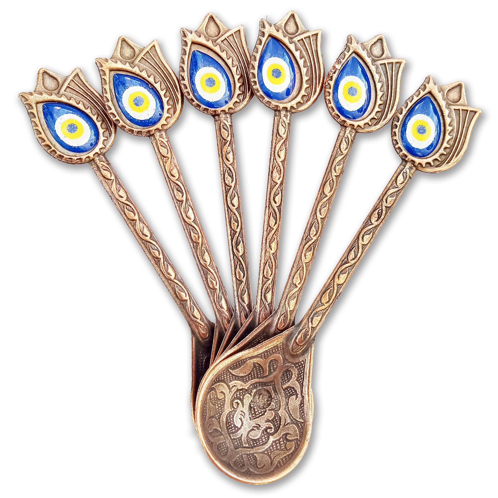 MoonShield 6 pcs Copper Color Casting Tea & Coffee Stirring Teaspoon Set - 5" inc - Unique Evil Eye Nazar Beady - A Very Different Product Dazzling - Suitable for Dessert and Espresso