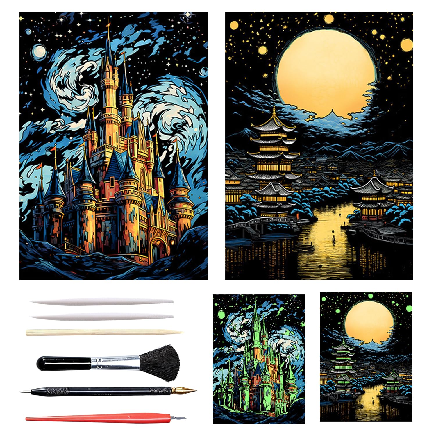 HIVTE Scratch Art for Adults and Kids - 2-Piece Luminous Rainbow Scratch Notes Kit with Scratching Tools, Creative Art Supplies Children & Adults（A3-Castle & Bright Moon）