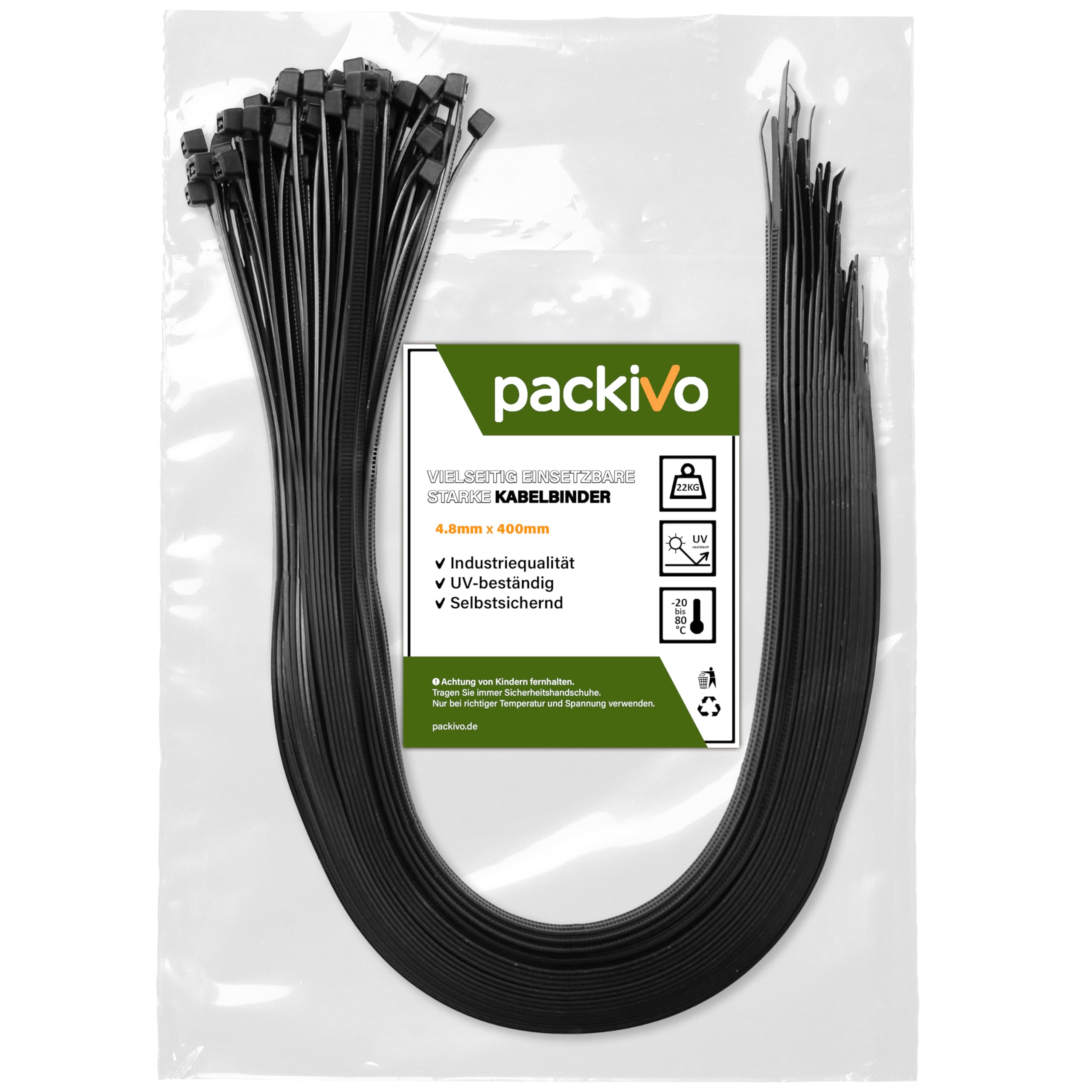 PACKIVO Professional Cable Ties 4.8 x 400 mm, Pack of 100 Black Cable Ties, Industrial Quality, UV-Resistant, Tensile Strength up to 22 kg, Super Durable Cable Management, Industrial, Workshops,
