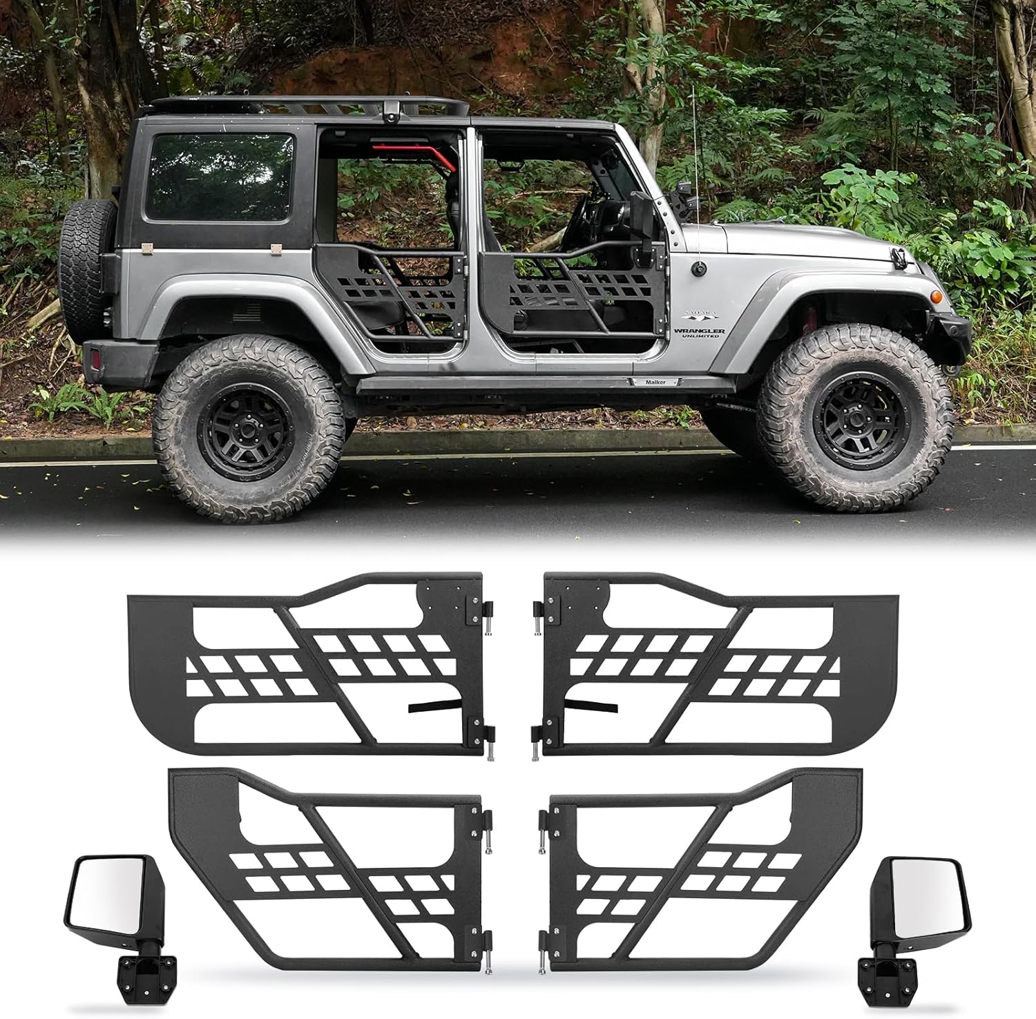 Guina Heavy Duty Steel Tubular Doors with Adjustable Side View Mirrors, Compatible with 2007-2017 Jeep Wrangler JK JKU 4 Door - Textured Black Powder Coat, Easy Installation, Corrosion Resistant