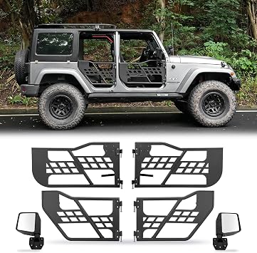 Guina Heavy Duty Steel Tubular Doors with Adjustable Side View Mirrors, Compatible with 2007-2017 Jeep Wrangler JK JKU 4 Door - Textured Black Powder Coat, Easy Installation, Corrosion Resistant