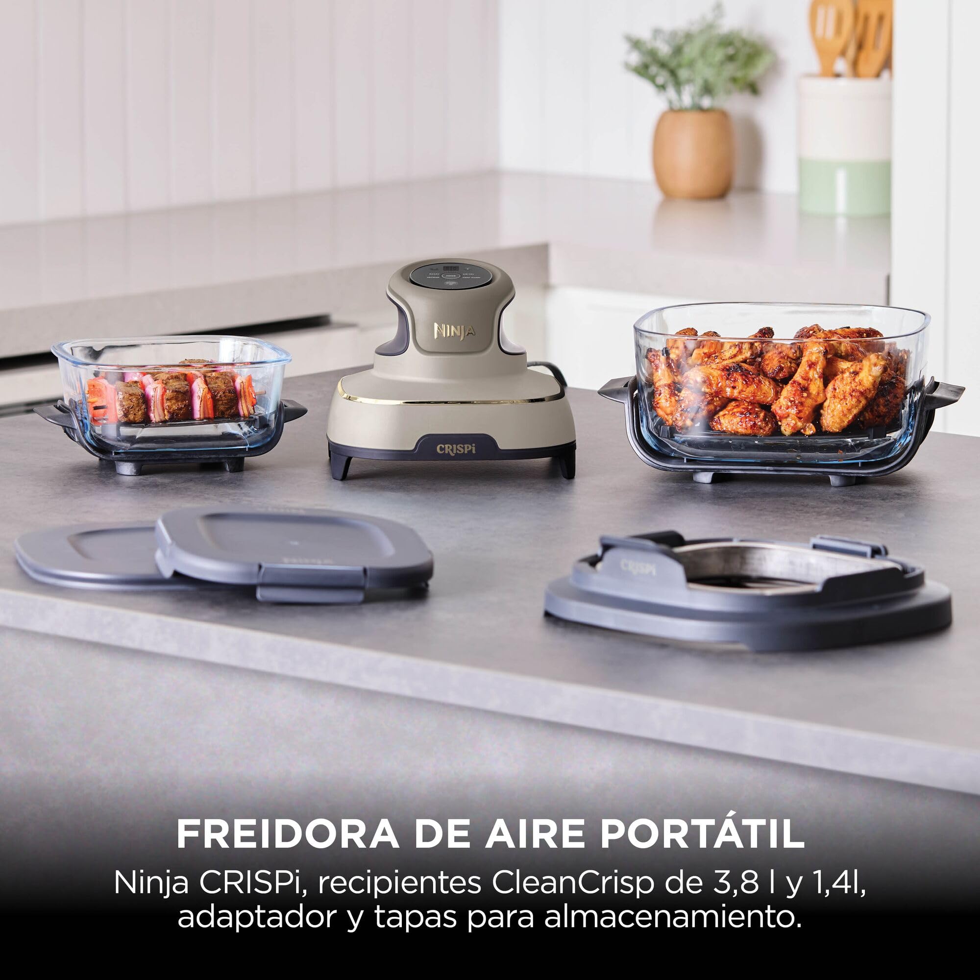 Ninja CRISPi Freidora de aire portátil, 3,8 l, 4 en 1, freír con aire, asar, mantener caliente y gratinar, incluye 2 recipientes de vidrio extraíbles y tapas, piedra dorada, FN101EUSTGD