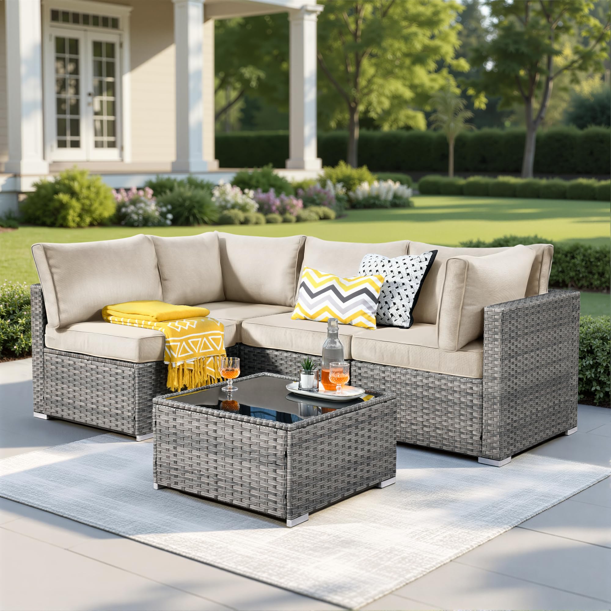 Weaxty 5 Pieces Patio Furniture Sets,Wicker Outdoor Sectional Sofa with Thicken Cushion and Rattan Coffee Table,Patio Conversation Couch Set for Porch