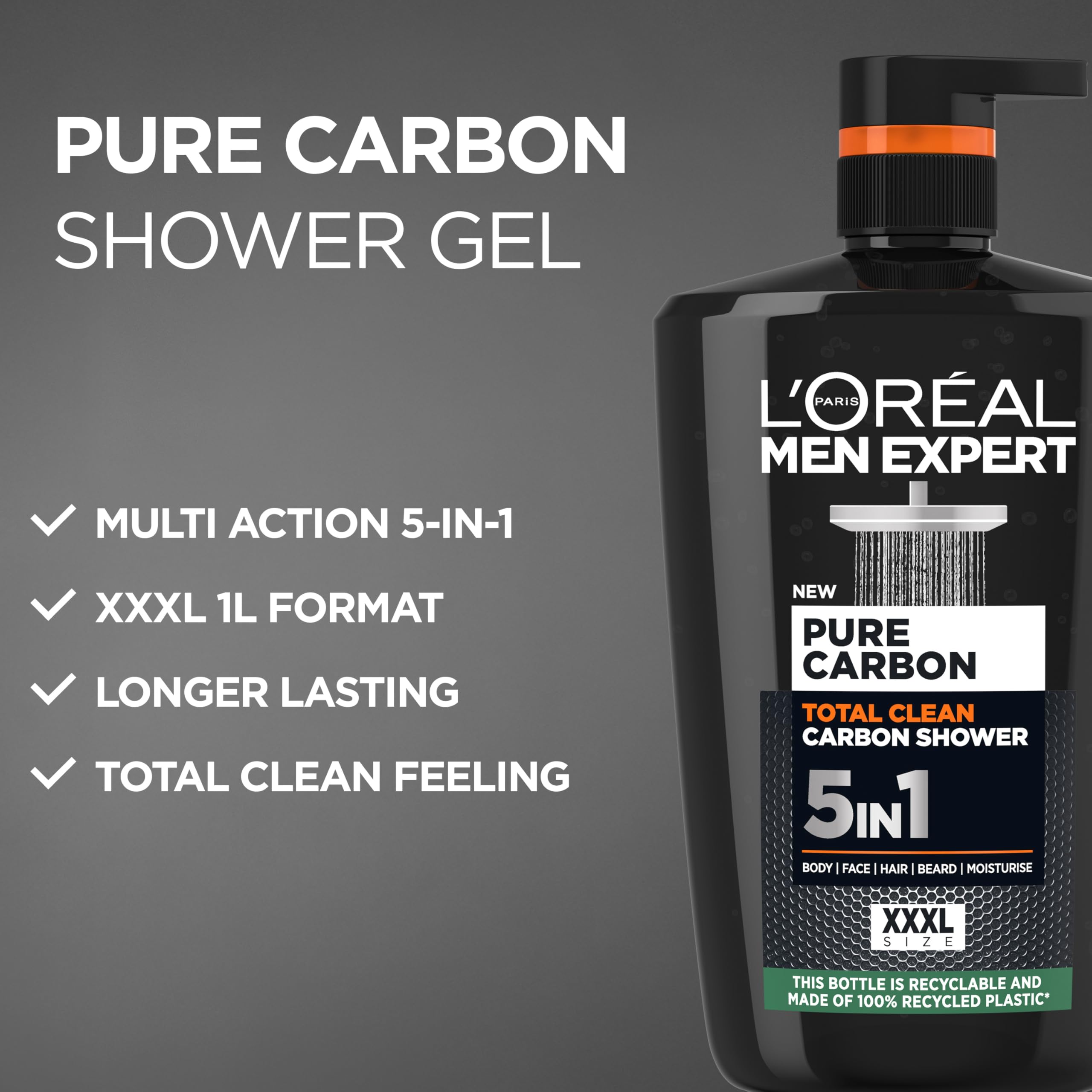 L'Oréal Men Expert, Pure Carbon, 5-in-1 XXL Shower Gel, A Total Action Body, Face, Hair Wash, Shave and Moisturiser Powered By Carbon, Total 5-in-1 Action, Large 1L Pump - 2