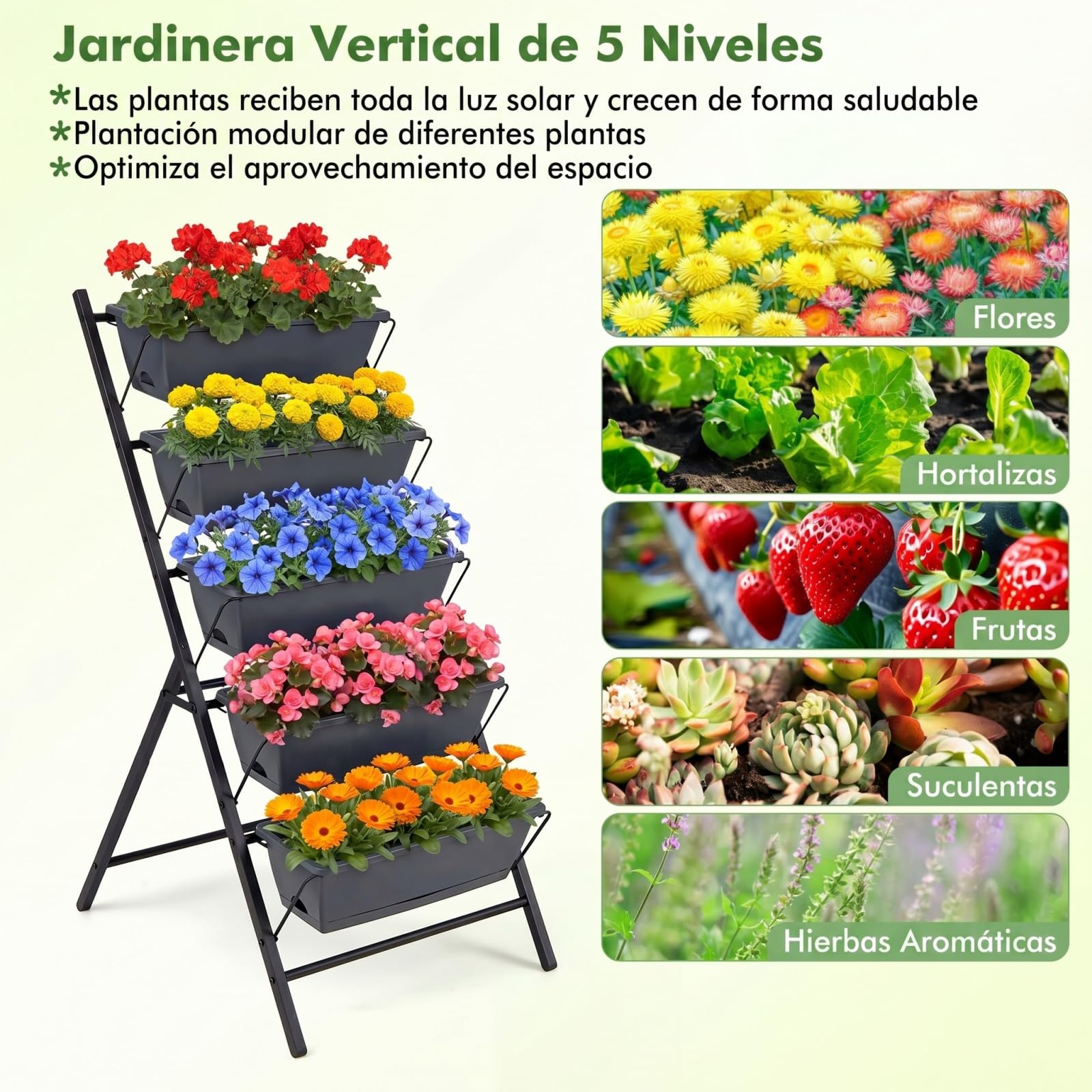 COSTWAY Jardinera Vertical de 5 Niveles, Huerto Vertical Elevada con Marco de Metal, Bandejas Extraíbles y Orificios de Drenaje, Soporte Macetas para Interior y Exterior, 57 x 71 x 115 cm (Negro)