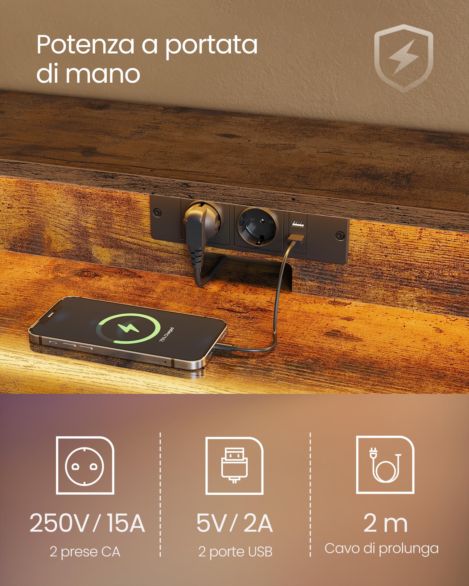 VASAGLE Scrivania Computer Con Luci LED E Prese USB - Scrivania Ufficio/Gaming Con Supporto Monitor E 2 Cassetti - 135x55x90 Cm Marrone Vintage - Foto 9