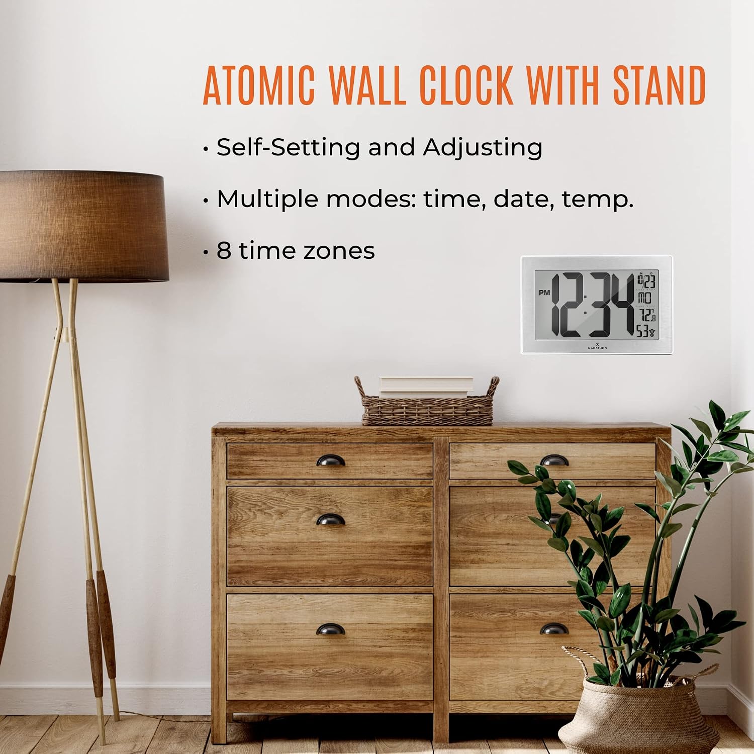 MARATHON Atomic Wall Clock with Stand, White Frame/Stainless Steel Finish - Large, 9-Inch Display - AM/PM or 24-Hour Time Format, Eight Time Zones & Indoor Temperature - Two AA Batteries Included