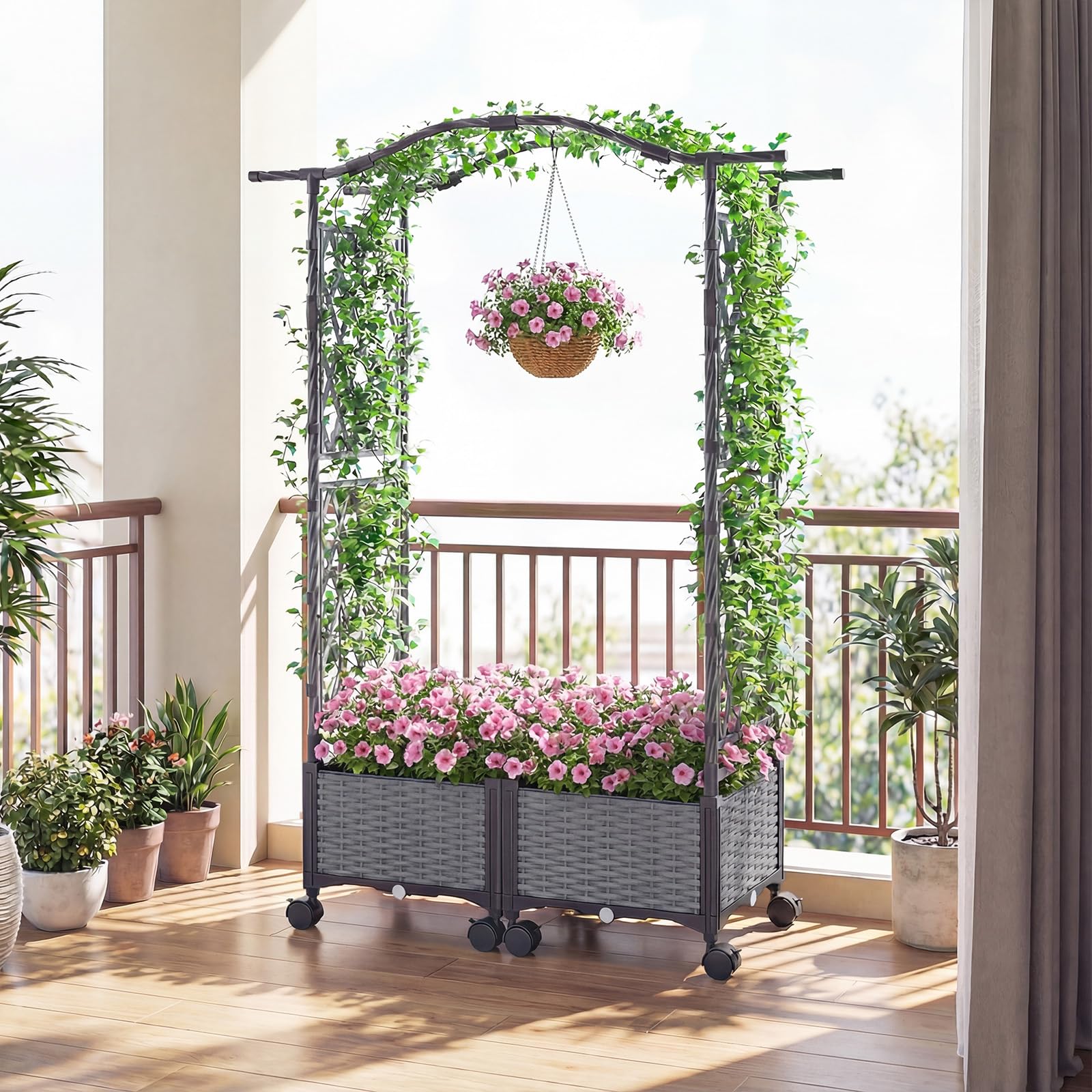 COSTWAY Fioriera Rialzata con Graticcio e Tetto, Irrigazione Automatica e Ruote Bloccatili, Letto da Giardino Rialzato in Rattan Impermeabile per Piante Rampicanti, Fiori ed Erbe (Grigio)