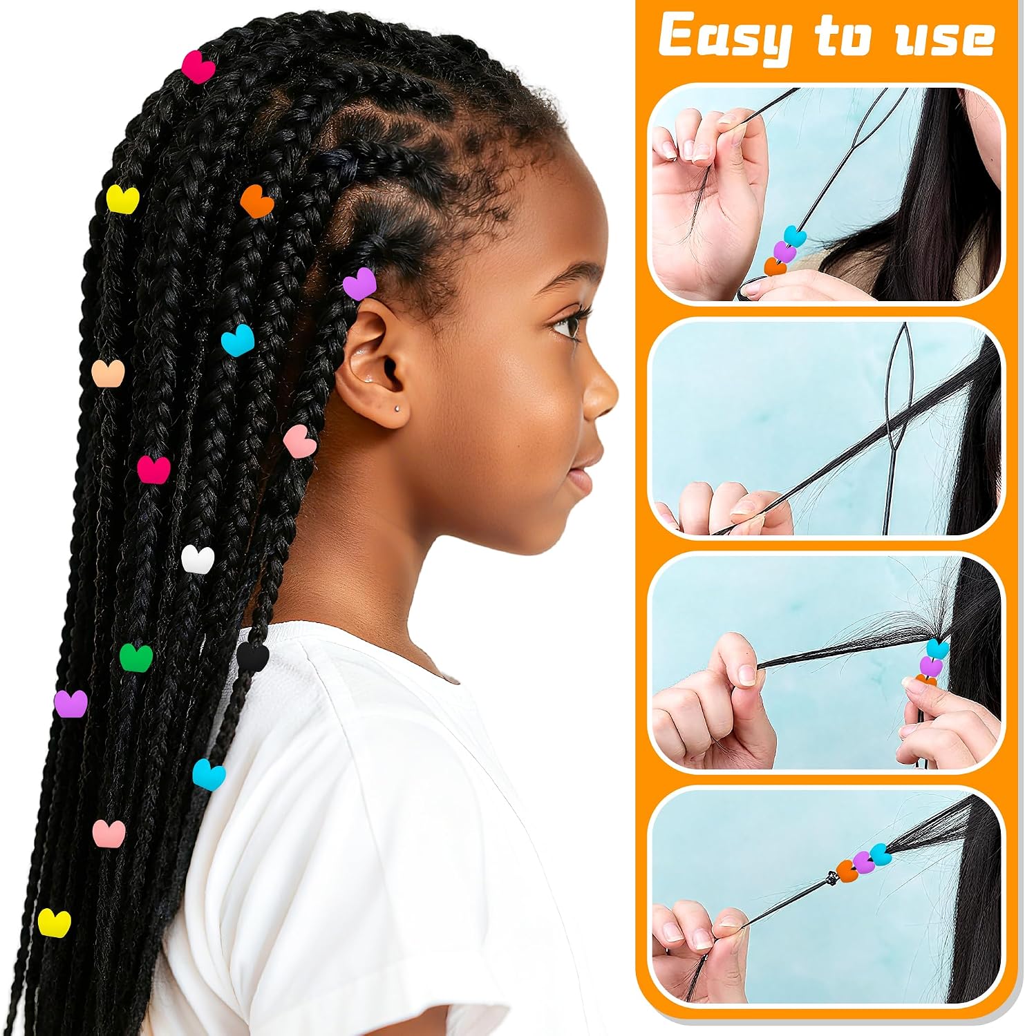 100Pcs Silicone Heart Hair Beads for Kids, Soft Colorful Rubber Pony Beads for Hair Braiding, Bracelet Making, DIY Jewelry Crafts, Keychains, Pen Decorations with Rubber Band and Quick Beader image 5