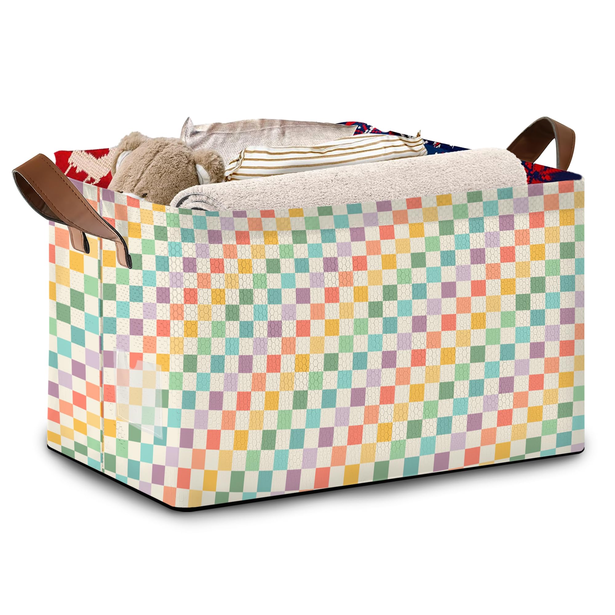 Mogifedc Collapsible Storage Bin - Foldable Fabric Organizer Basket with Handles for Home, Closet, Toy Room - Colorful Checkered Pattern (17x11.5x10.5 Inches) - Single Pack