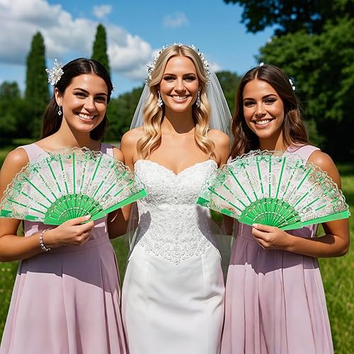Miniatura 6 de QIRMIZI 10 abanicos plegables de encaje rosa, abanicos de mano plegables de seda, perfectos para bodas, fiestas y bailes, verde
