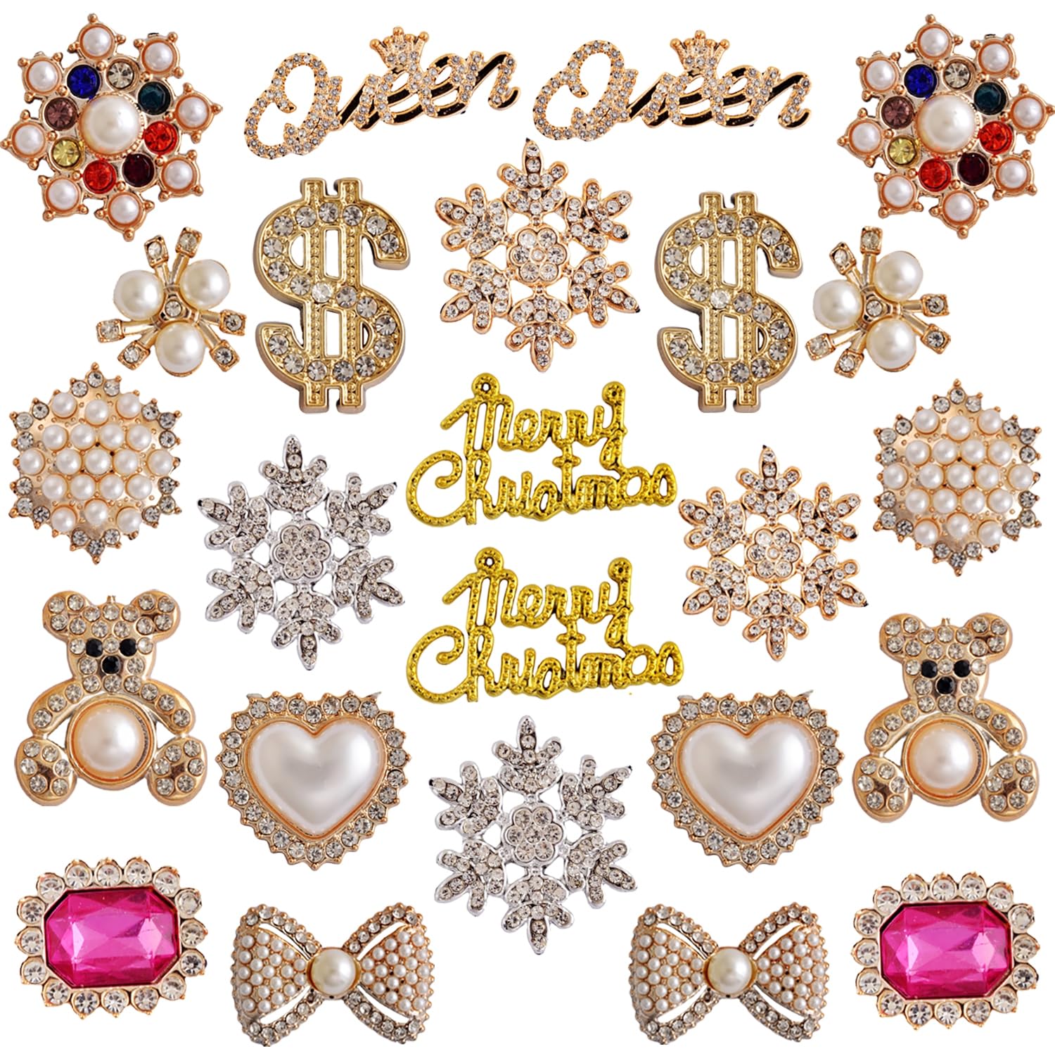 Christmas Charms for Socks 24pcs Rhinestone Brooch Pins Brooches and Pins for Women Bulk Bling Gold Junk Sock Charms Shoe Pins for Sambas Sneaker Women Hat Clothing Crafts Jewelry Kit