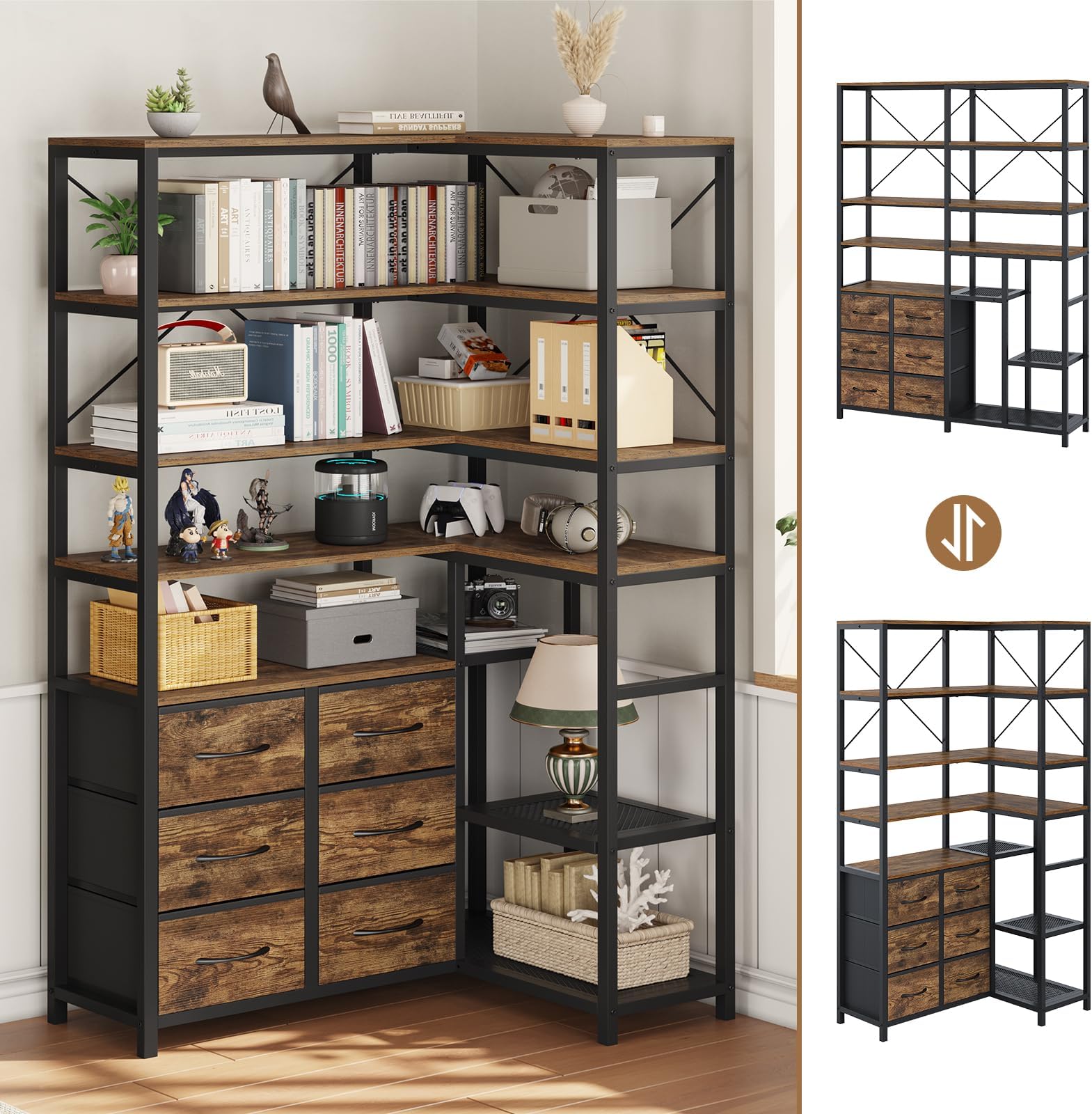Corner Bookshelf, 7-Tier Industrial Convertible Book Shelf with 6 Fabric Drawers, Corner Bookcase Freestanding Display Shelf for Living Room, Kitchen, Home Office, Rustic Brown