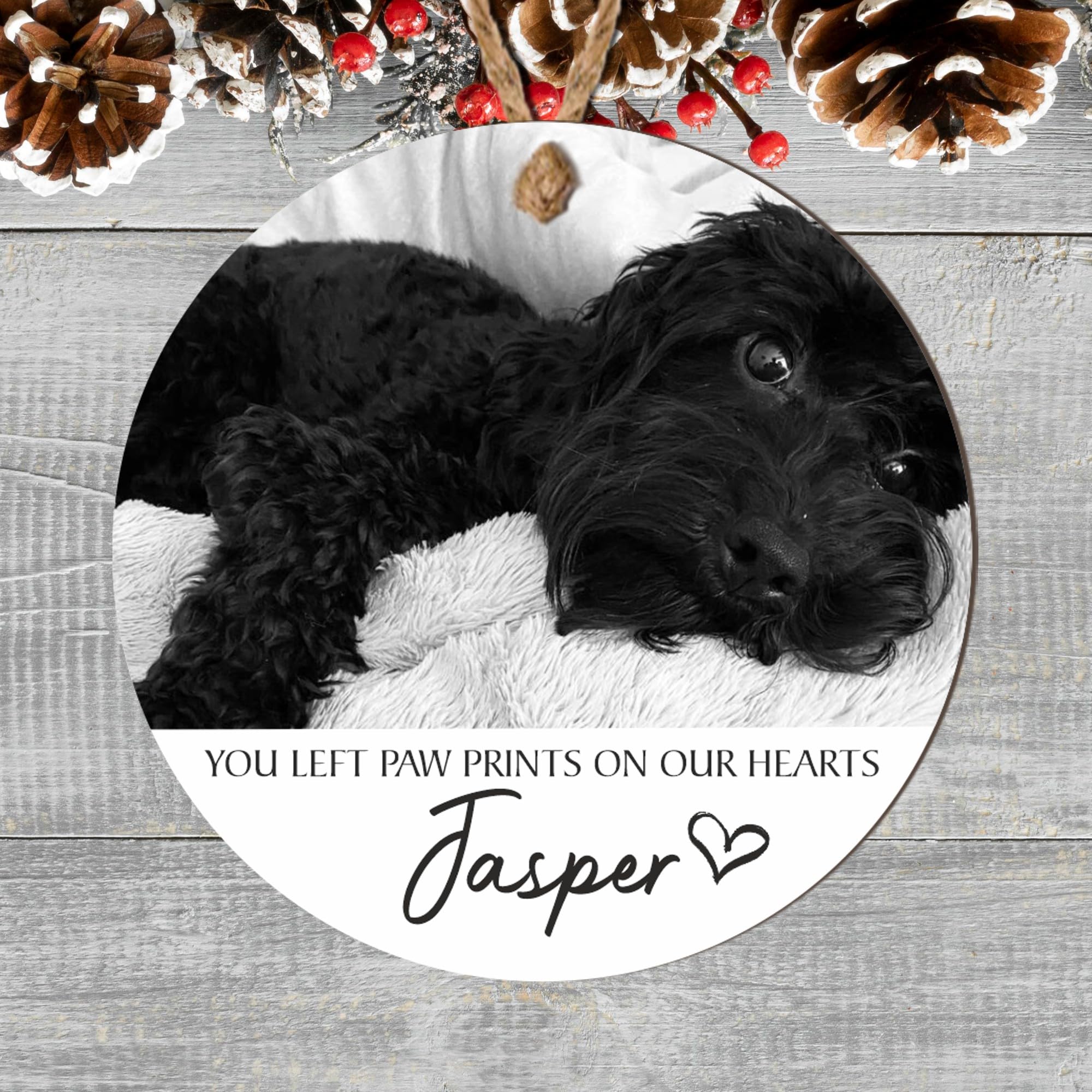"Custom Pet Memorial Ornament - 'You Left Paw Prints on Our Hearts' Personalised Photo Keepsake Bauble for Dog or Cat Remembrance (Black, Mdf Wood Indoor Use Only 9cm x 9cm)