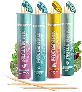 Mullein Pix, Extra Thick Flavored Toothpicks Infused with Mullein Leaf, Natural Quit Smoking Alternative, Lung Cleanse Support, Nicotine Free, Kosher Vegan, Made in The USA (4 Flavors Variety Pack)