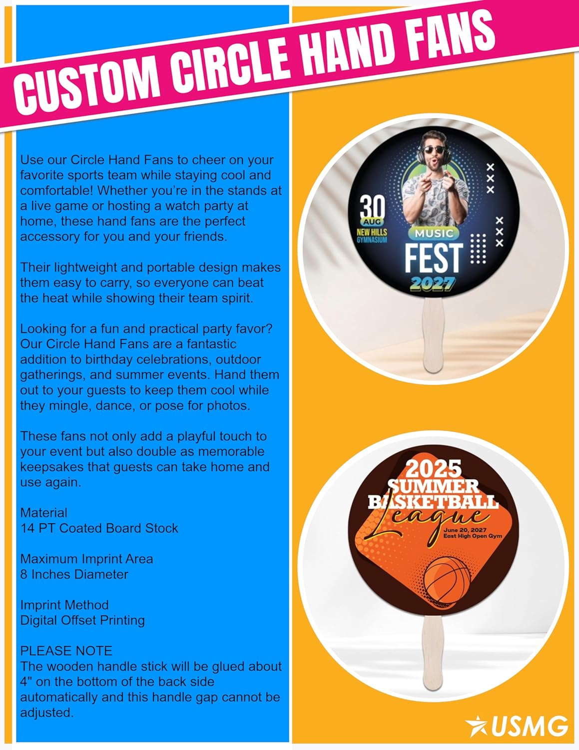 Custom Circle Hand Fans 8" Diameter – 14pt Coated Board, Personalized with Your Artwork – Great for Sports, Parties, Events, Favors, Photo Props (QTY 36)