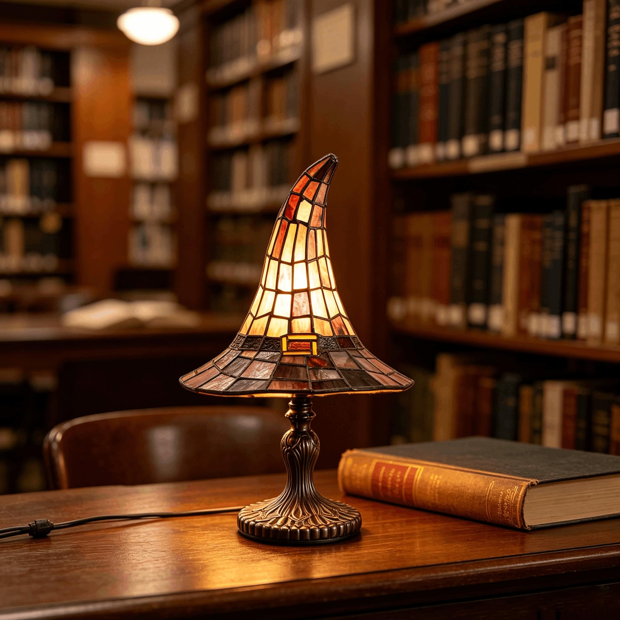 Buntglas Hexenhut Lampe, Handgefertigte Retro Gothic-Hexenhut-Lampe, USB-betriebenes Gotisches Zauberhut-Nachtlicht, Halloween Deko für Schlafzimmer & Bücherregal