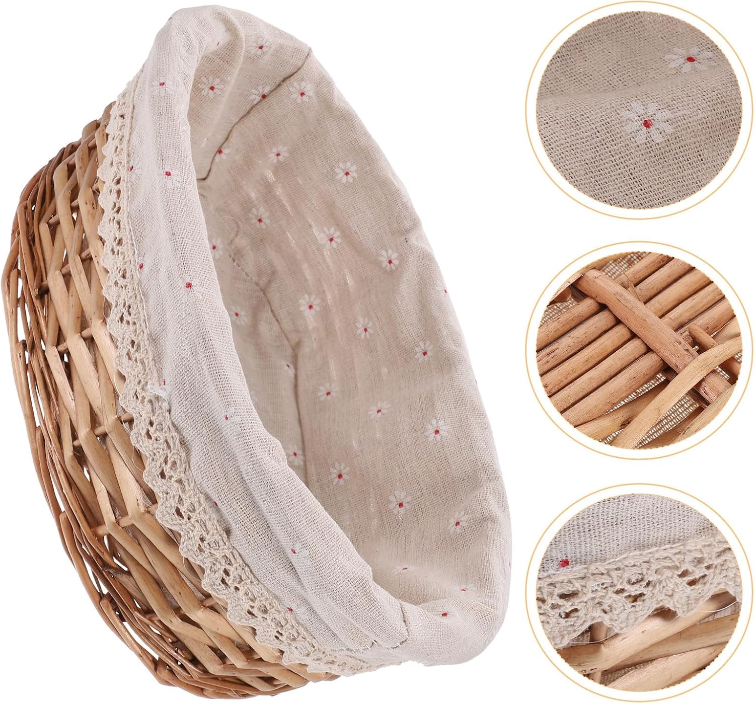 Artibetter Woven Bread Basket Small Rattan Storage Organizer Natural Color Linen Lace Trim Oval Serving Basket for Kitchen Tabletop Sundries and Fruit Storage