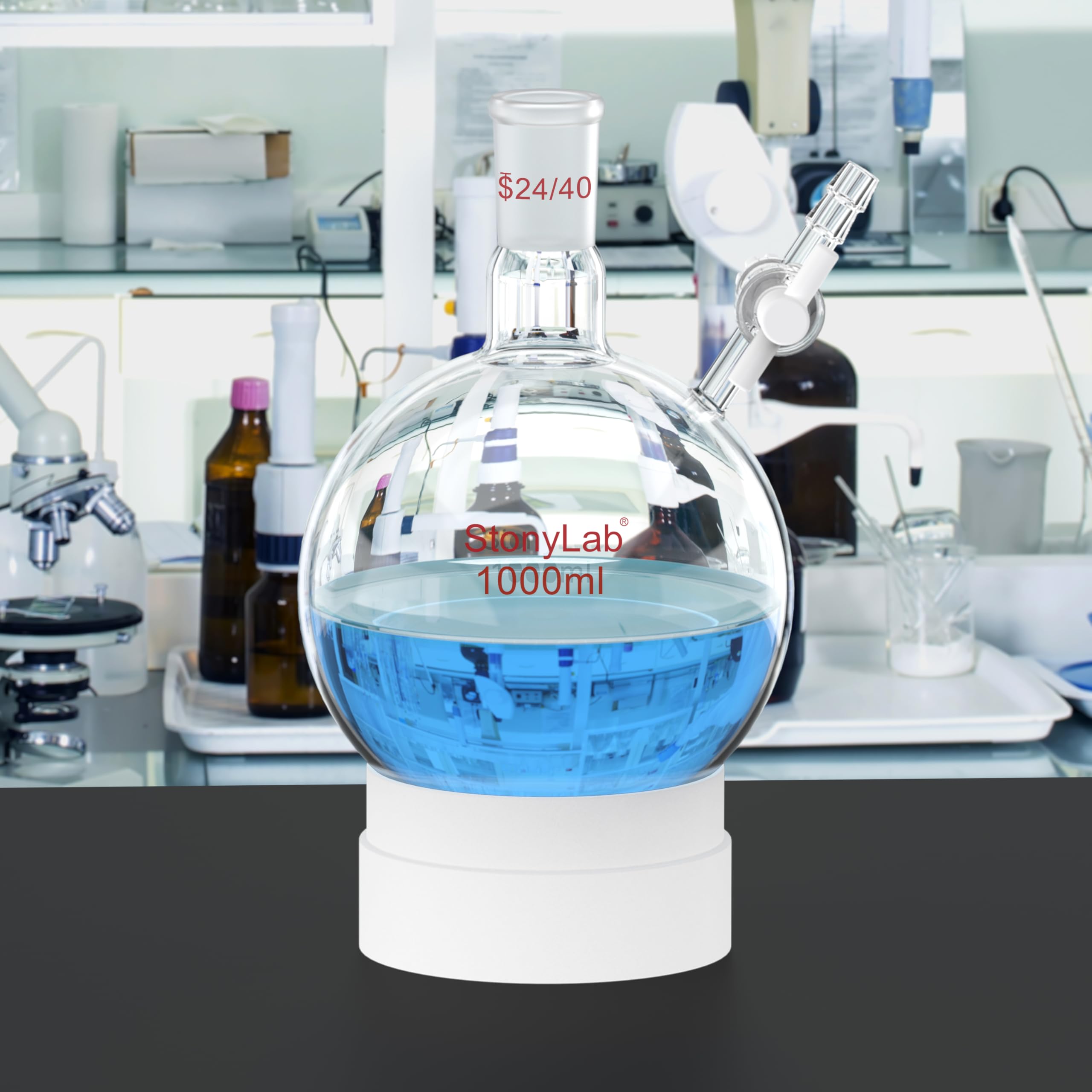 stonylab Reaktionskolben, Borosilikatglas-Einzelhals-Reaktionskolben mit 24/40-Gelenk und PTFE-Hahnventil, Rundbodenkolben, 1000 ml