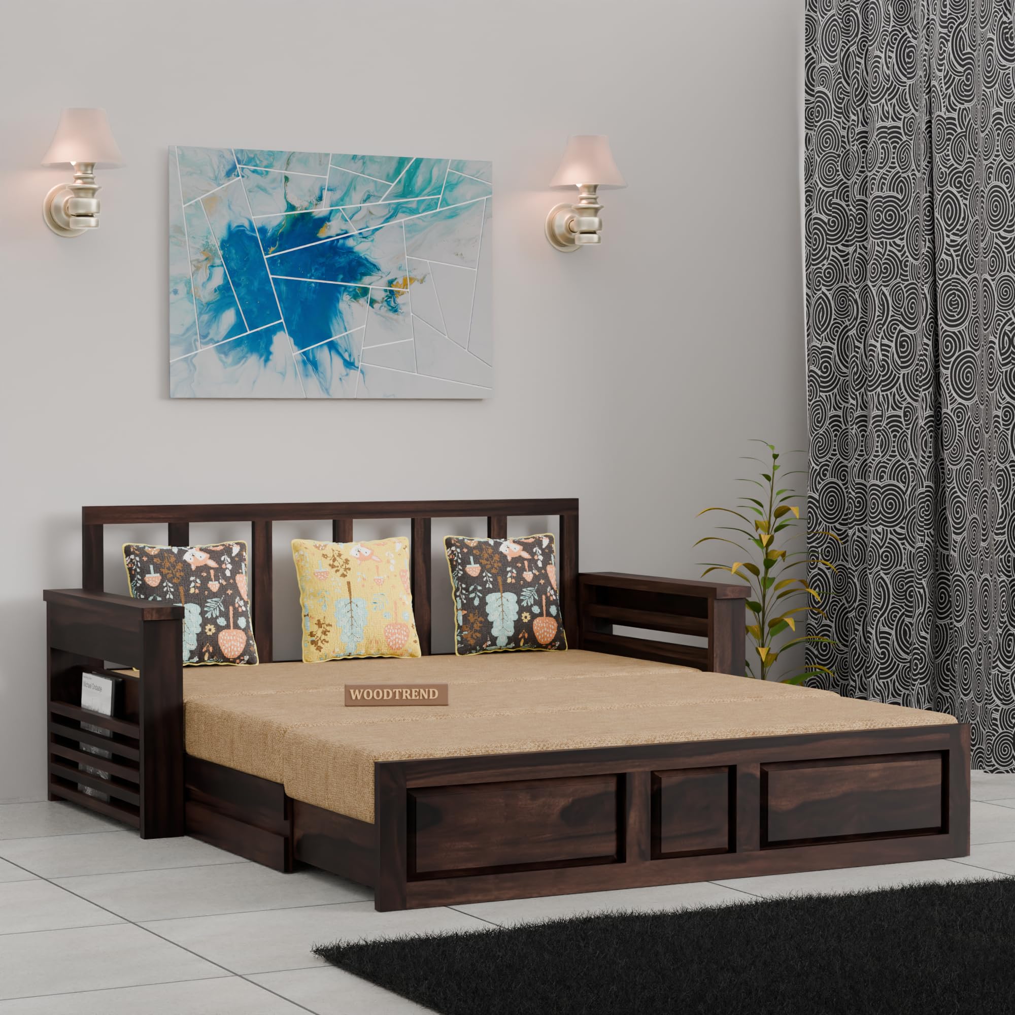 WOODTREND Solid Sheesham Wooden Sofa Cums Bed with Mattresses for Living Room|Rosewood 3-Person Sofa Cums Bed for Bedroom Without Pillow (A-Walnut, 3 Seater)