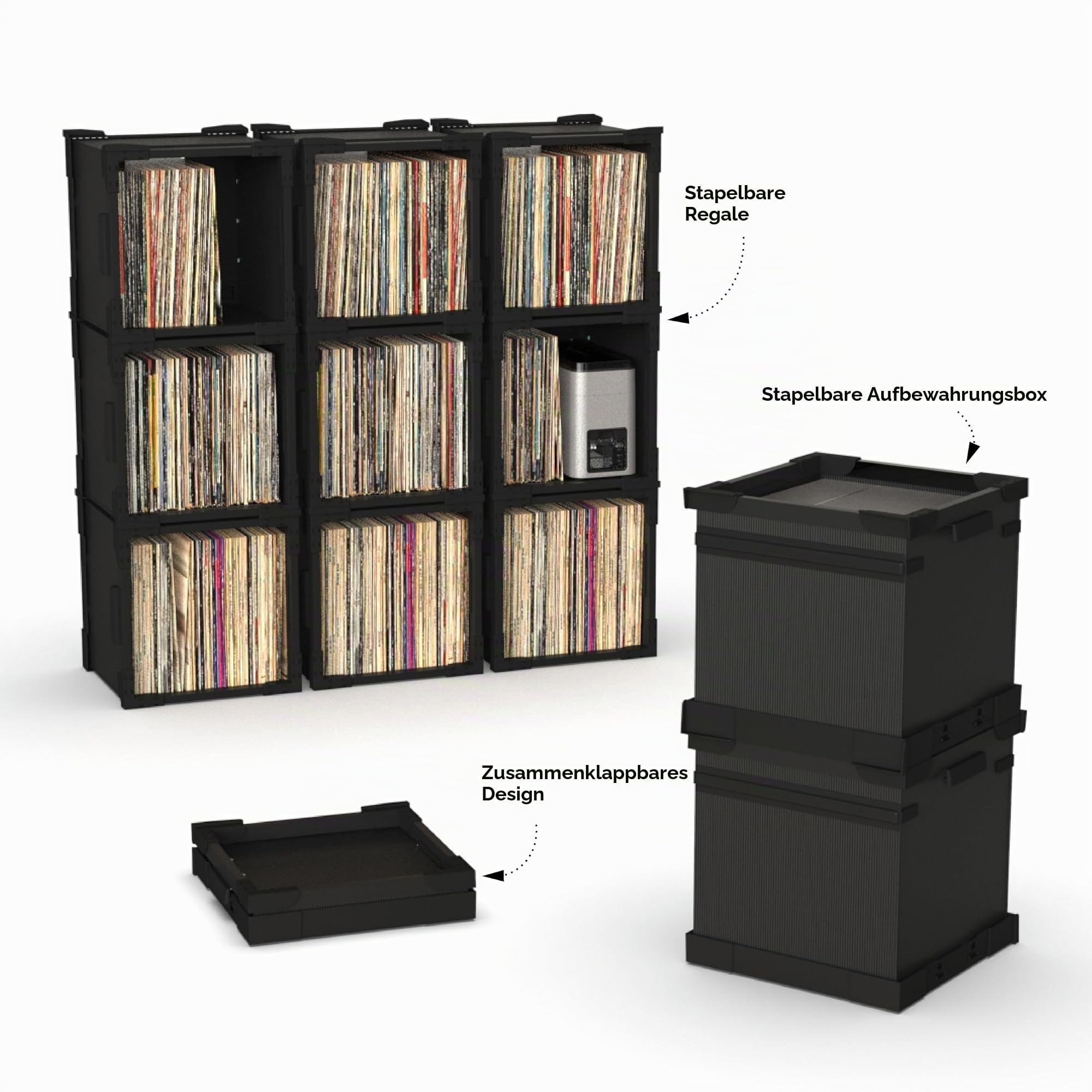 HumminGuru FlexiCube Schallplatten-Aufbewahrungsbox – Stapelbarer Organizer für 12-Zoll-Schallplatten, Platz für 70 LPs | Modulares Vinyl-Regal und Zusammenklappbare Aufbewahrungskiste (1 Würfel)