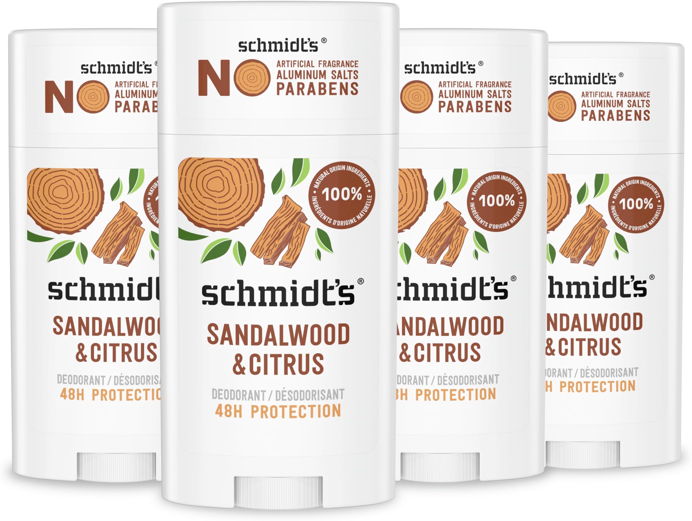 Aluminum Free Natural Deodorant for Women and Men, Sandalwood and Citrus with 24 Hour Odor Protection, Vegan and Cruelty Free, 2.65 oz, Pack of 4