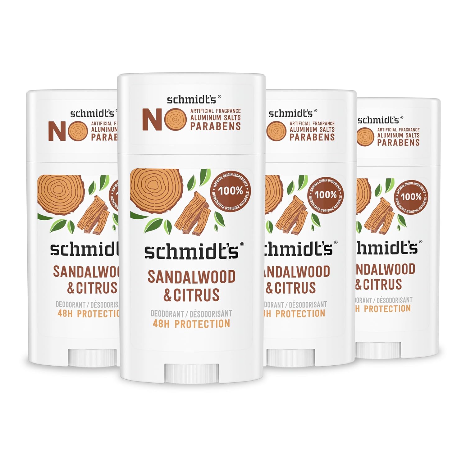 Schmidt’s Aluminum-Free Vegan Deodorant Sandalwood & Citrus 4 Count for Women and Men, with 24 Hour Odor Protection, Natural Ingredients, Cruelty-Free, 2.65 oz Schmidt’s Aluminum-Free Vegan Deodorant Sandalwood & Citrus 4 Count for Women and Men, with 24 Hour Odor Protection, Natural Ingredients, Cruelty-Free, 2.65 oz