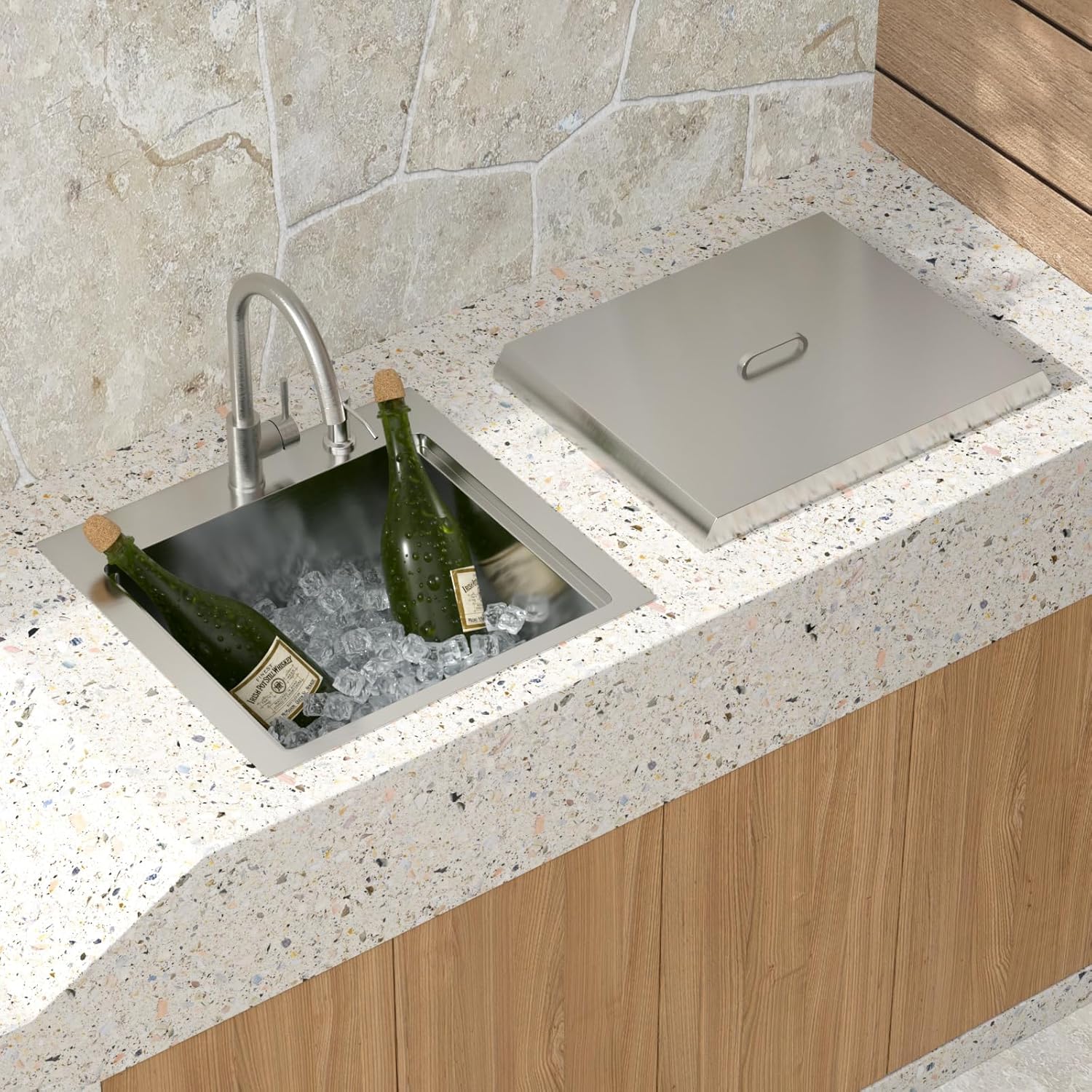 23 Inch Outdoor Kitchen Sink with Faucet - 23x20 Drop In Workstation 16 Gauge Stainless Steel Single Bowl Topmount Outdoor Wet Bar Sink with Stainless Steel Dust-Proof Cover #TLT-0064