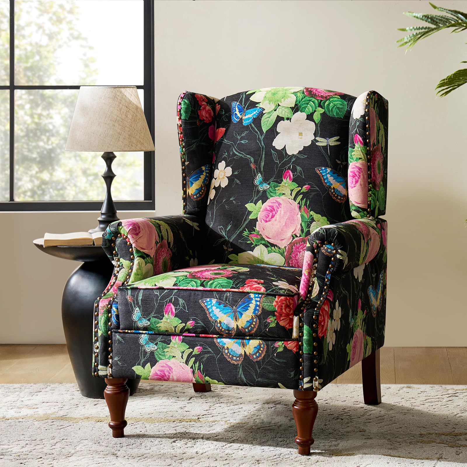 HULALA HOME Floral Fabric Armchair Pattern Wingback Design Roll Arm with Cutaway Sofa Rubber Wood Spindle Legs for Living Room, Black — image 1