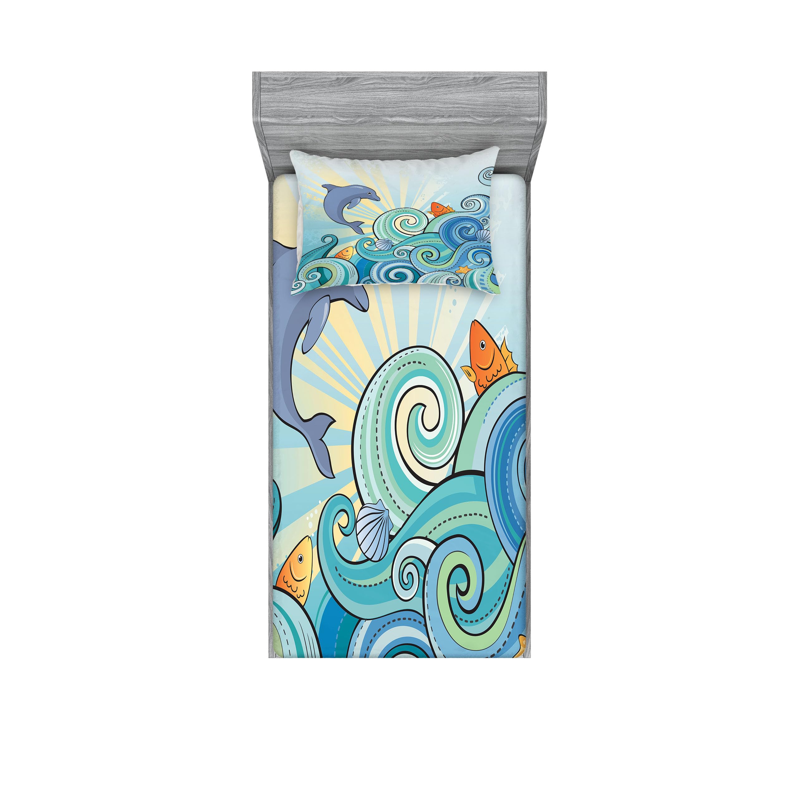 Ambesonne Sea Animals Fitted Sheet & Pillow Sham Set, Cartoon Dolphin Fish Starfish Shells in Ocean Marine in Summer Pattern Print, Decorative Printed 2 Piece Bedding Decor Set, Twinxl, Blue