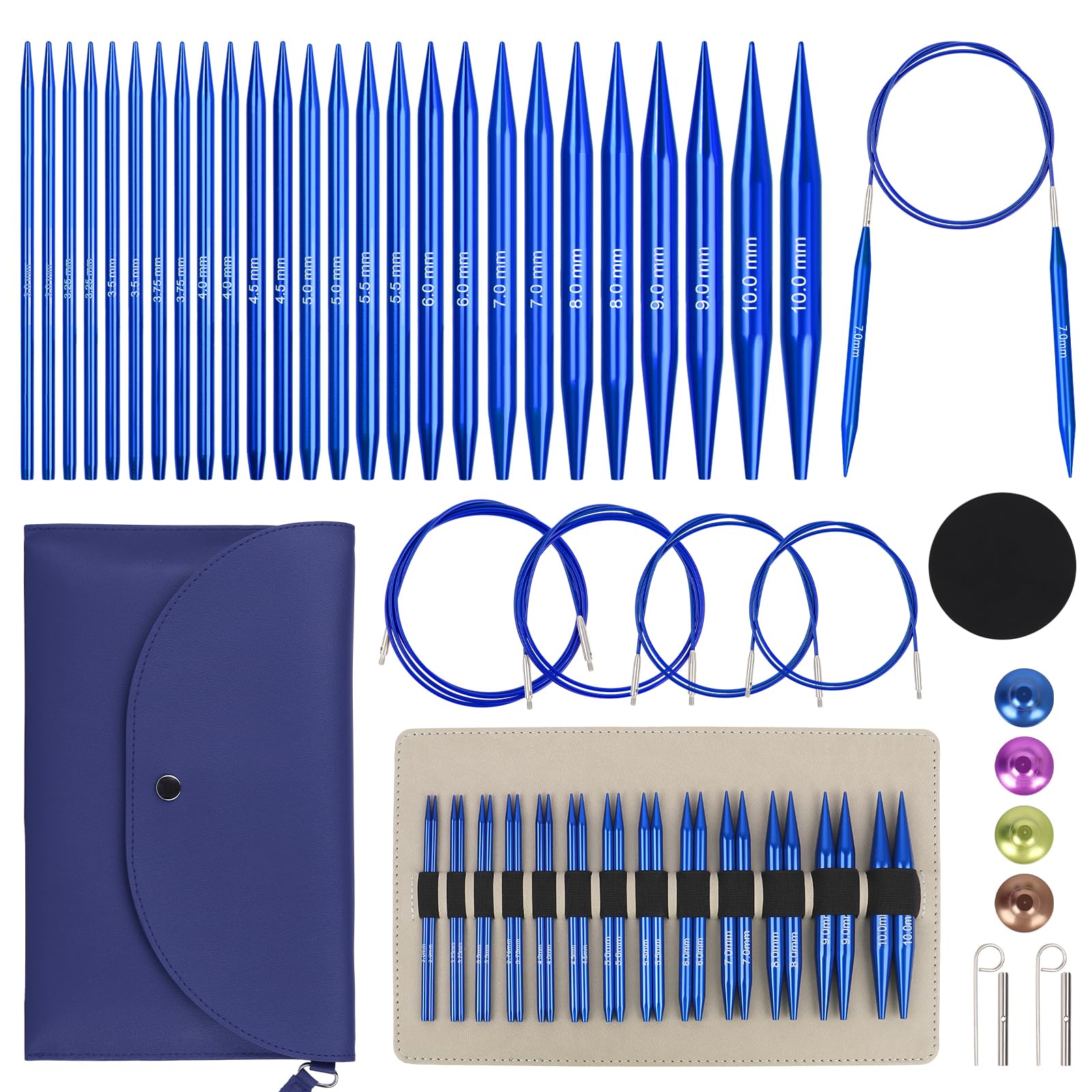 Reessy Circular Knitting Needles, Interchangeable Circular Knitting Needles Set with Case & Accessories, 13 Pair of Round Knitting Needle 3mm-10mm, Circular Knitting Kit for Beginners Adults-Blue