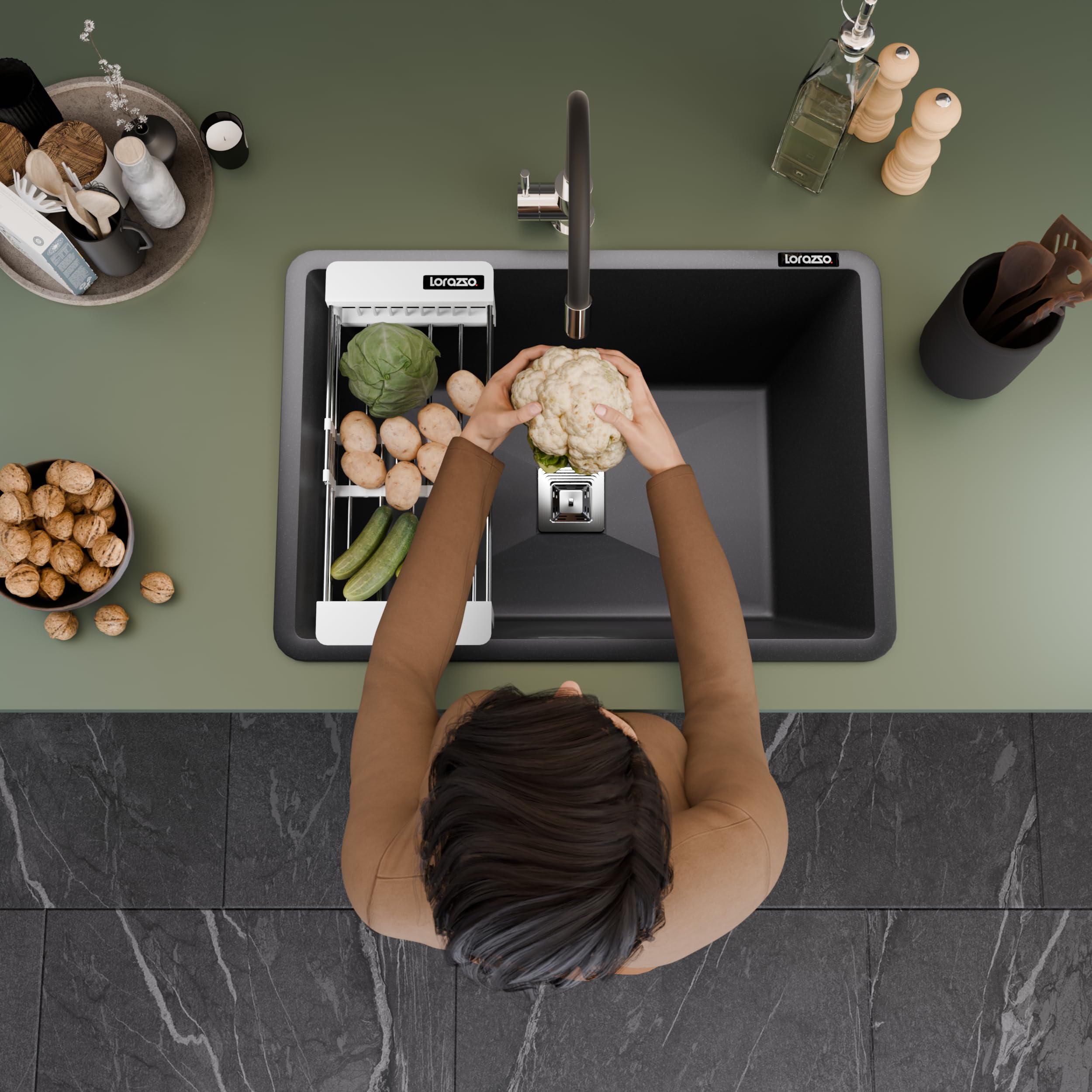 Quartz Kitchen Sink (MIDNIGHT BLACK)- Single Bowl | Quartz Sink for Kitchen 24X18 | with SS 304 Coupling, Rack & Waste Pipe | 10-Years Lorazzo Limited Warranty