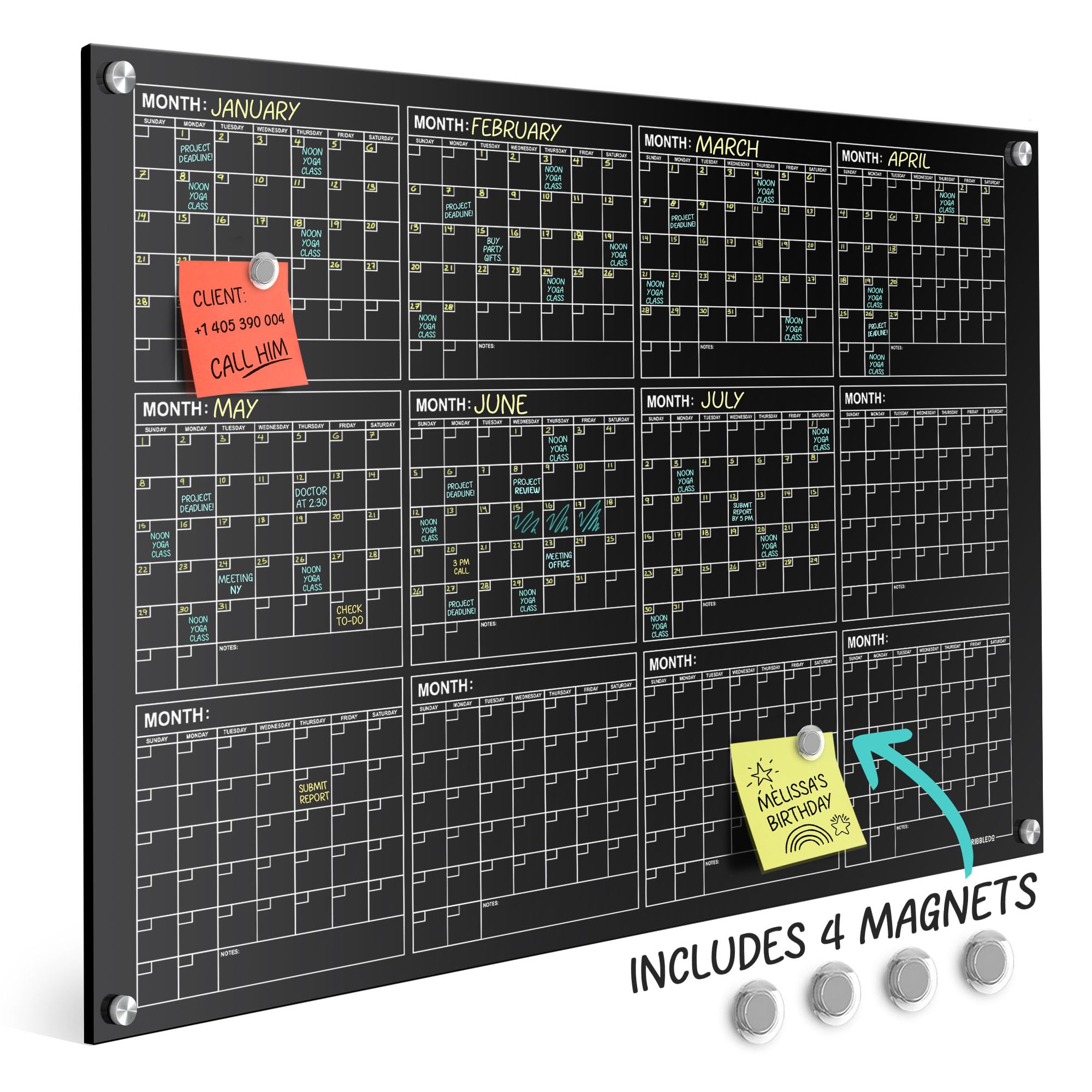 Tableau blanc magnétique en verre noir 86,4 x 116,8 cm - Calendrier annuel effaçable à sec pour mur, tableau blanc mensuel en verre pour la maison, le bureau - Grand mur 2025